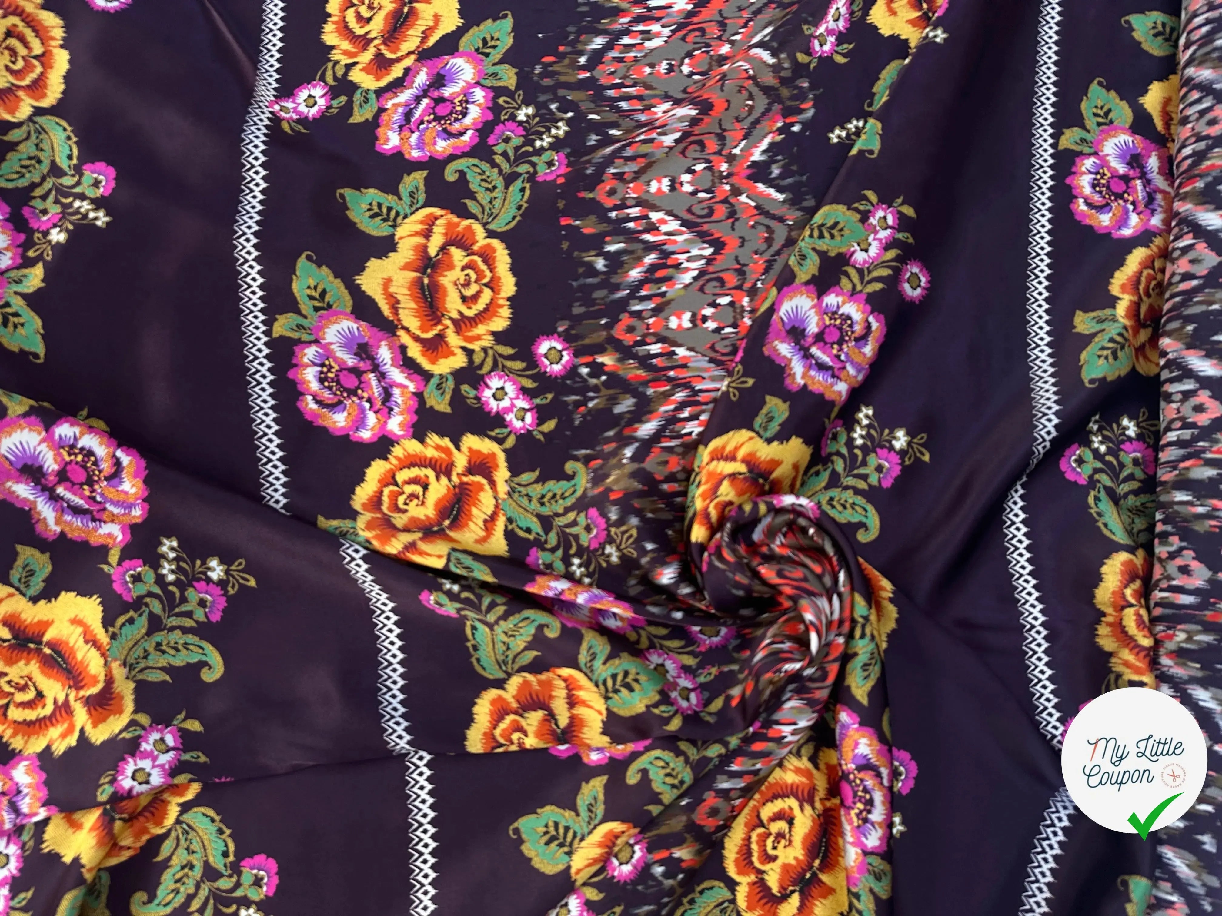 SATIN DE SOIE SETA ITALIANA SU FONDO MARRONE E FIORI - My Little Coupon