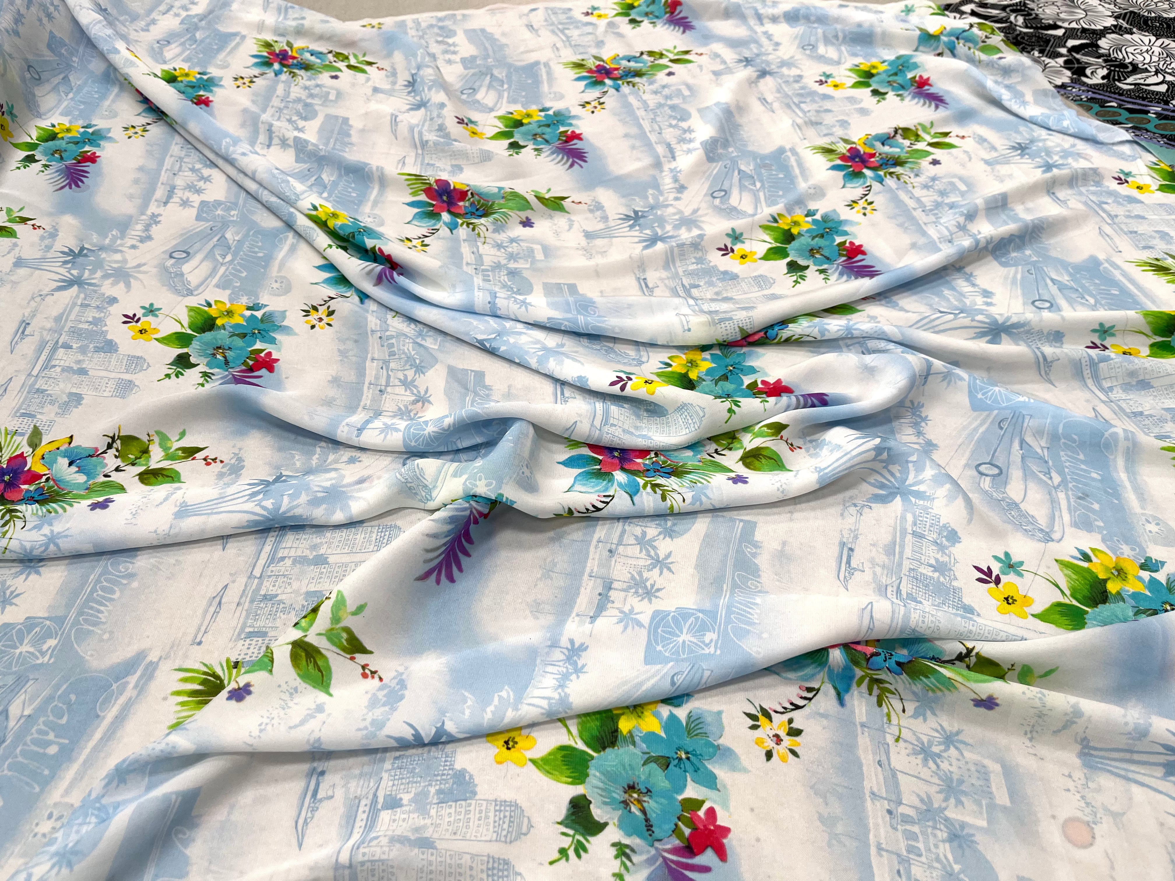 SATIN FLEURS AND CITY IMPRIMÉ TENDANCE BLEU - My Little Coupon