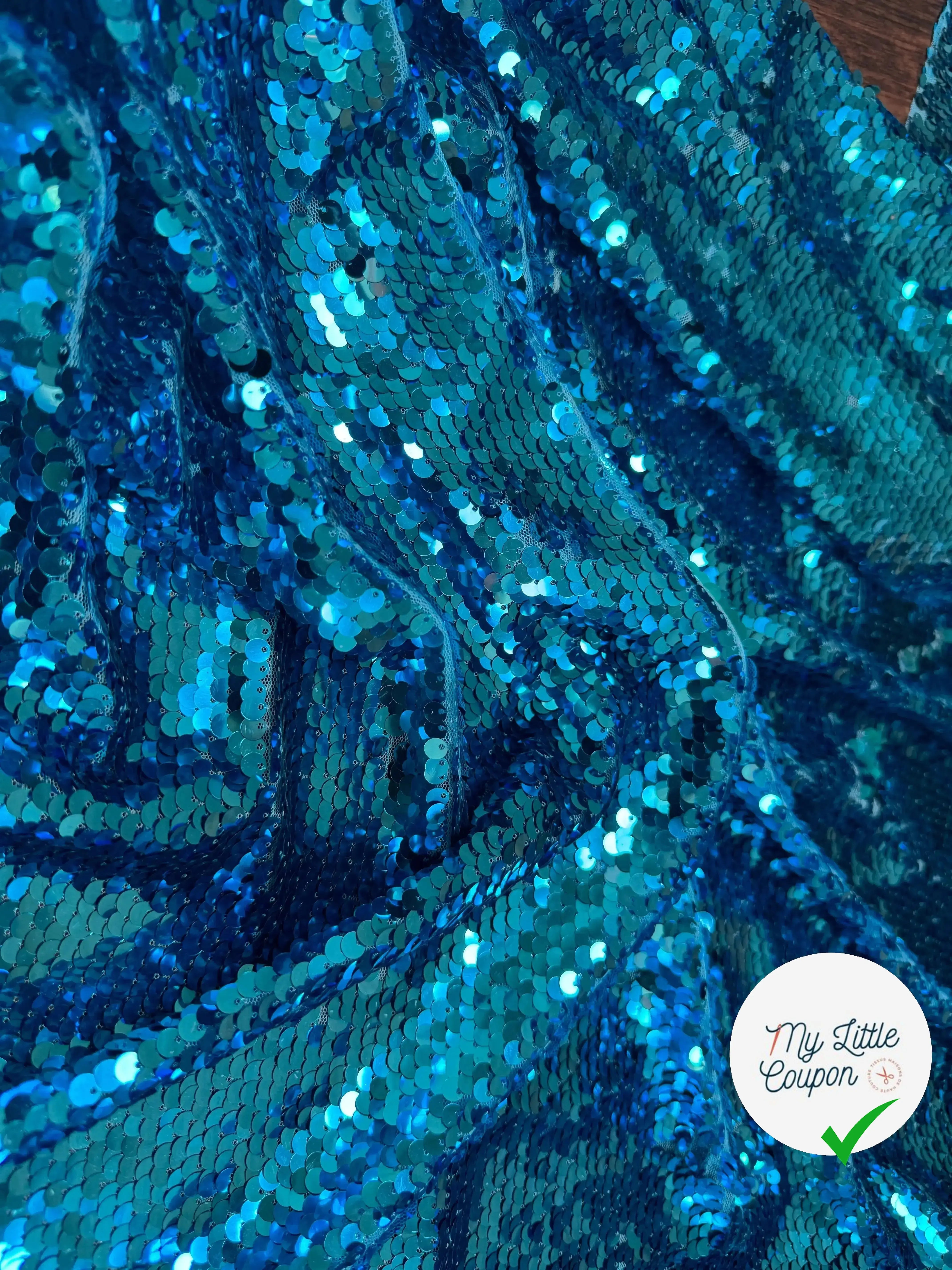 TISSU SEQUIN PAILLETTES SUR TULLE TURQUOISE - My Little Coupon