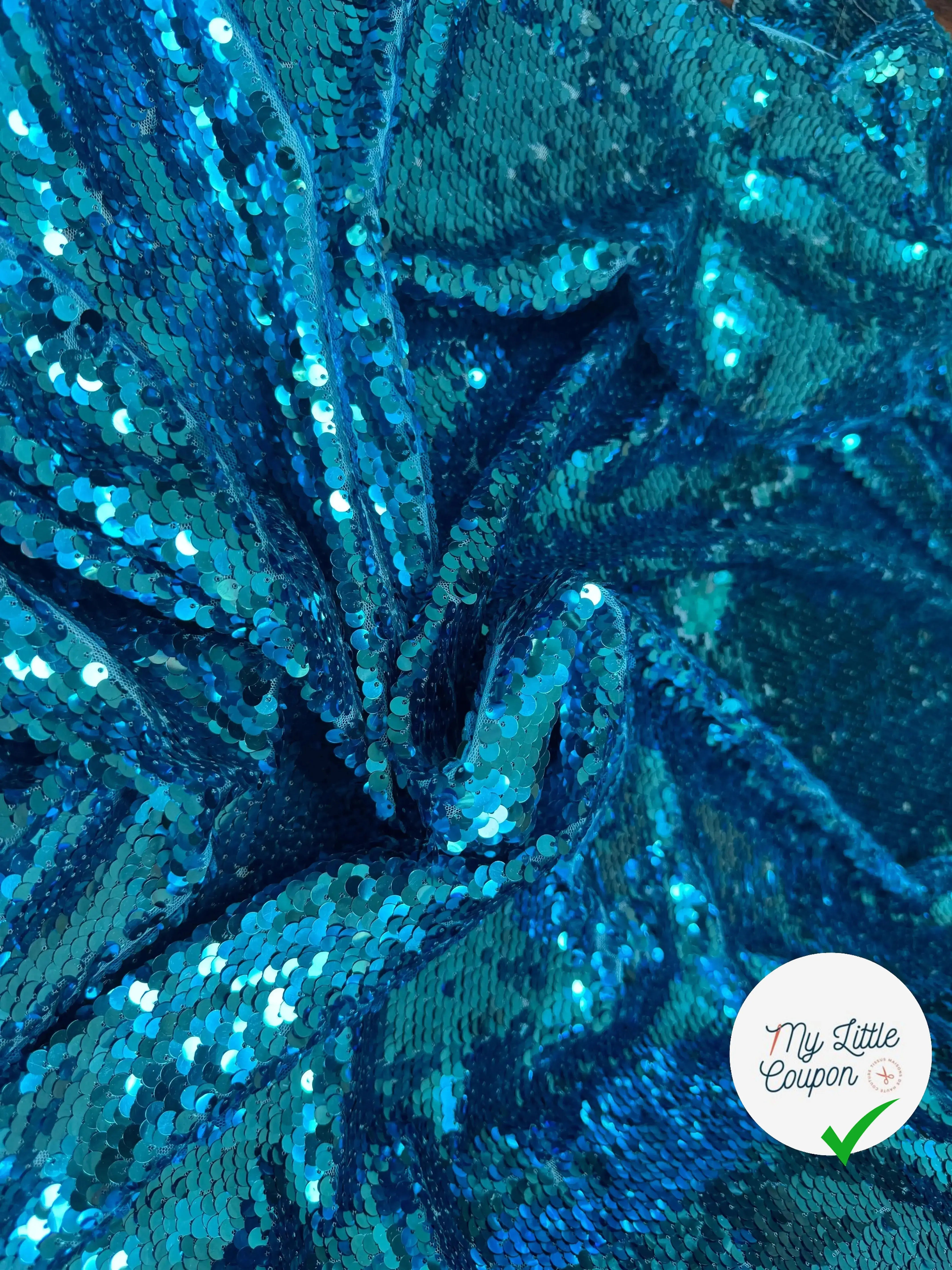 TISSU SEQUIN PAILLETTES SUR TULLE TURQUOISE - My Little Coupon