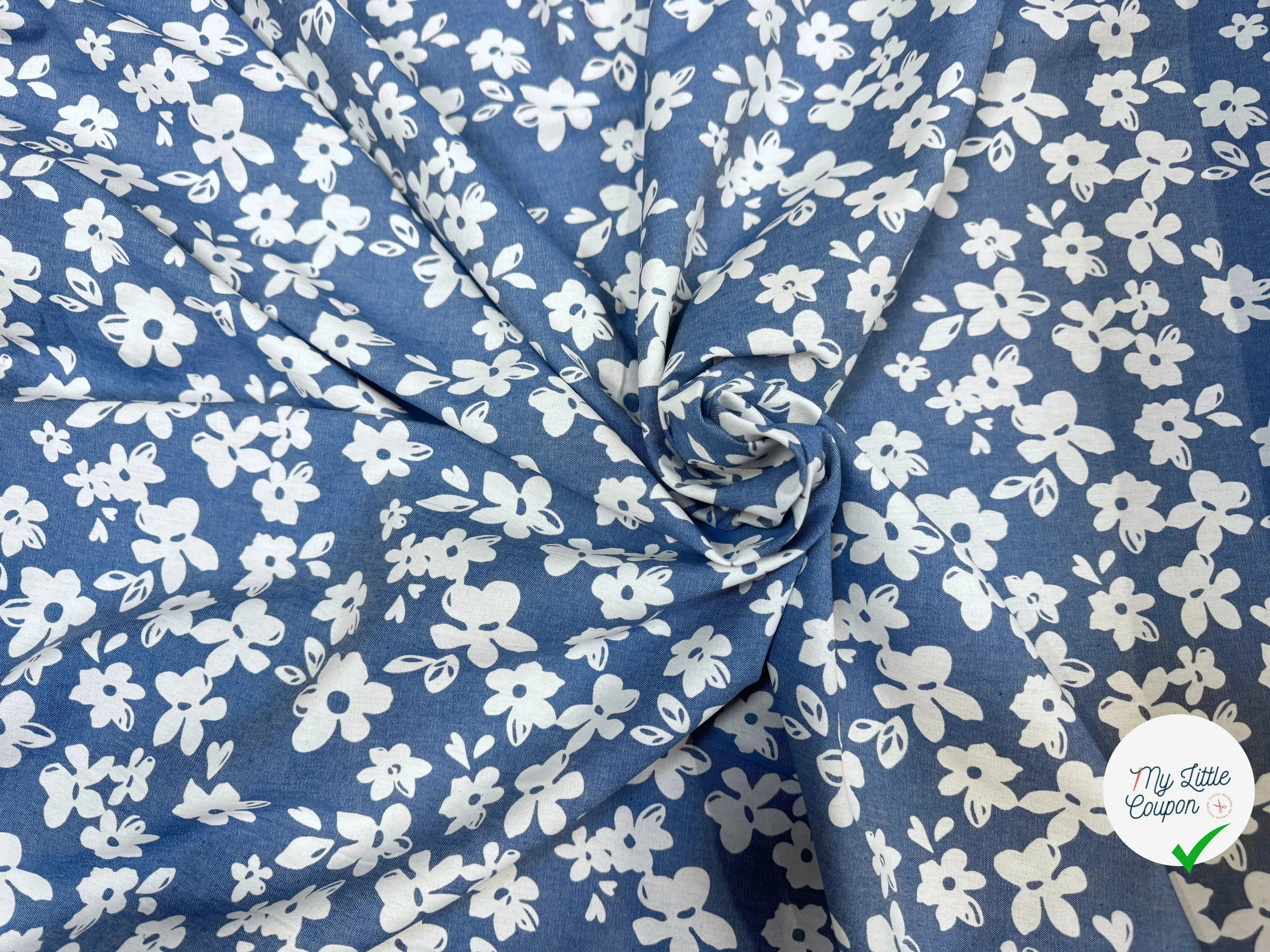 TOILE COTON FINE FAÇON DENIM CLAIR FLOWER - My Little Coupon