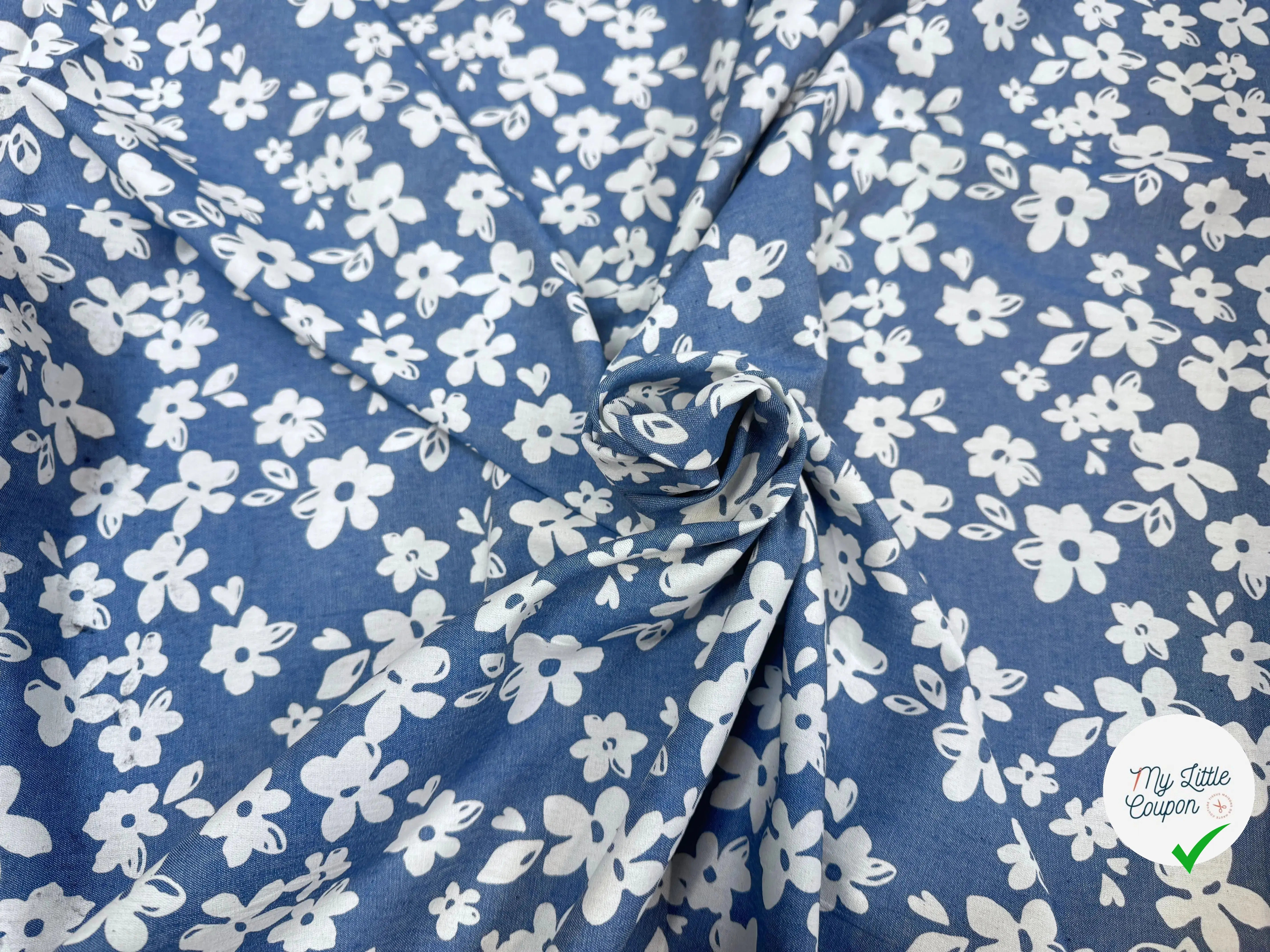 TOILE COTON FINE FAÇON DENIM CLAIR FLOWER - My Little Coupon