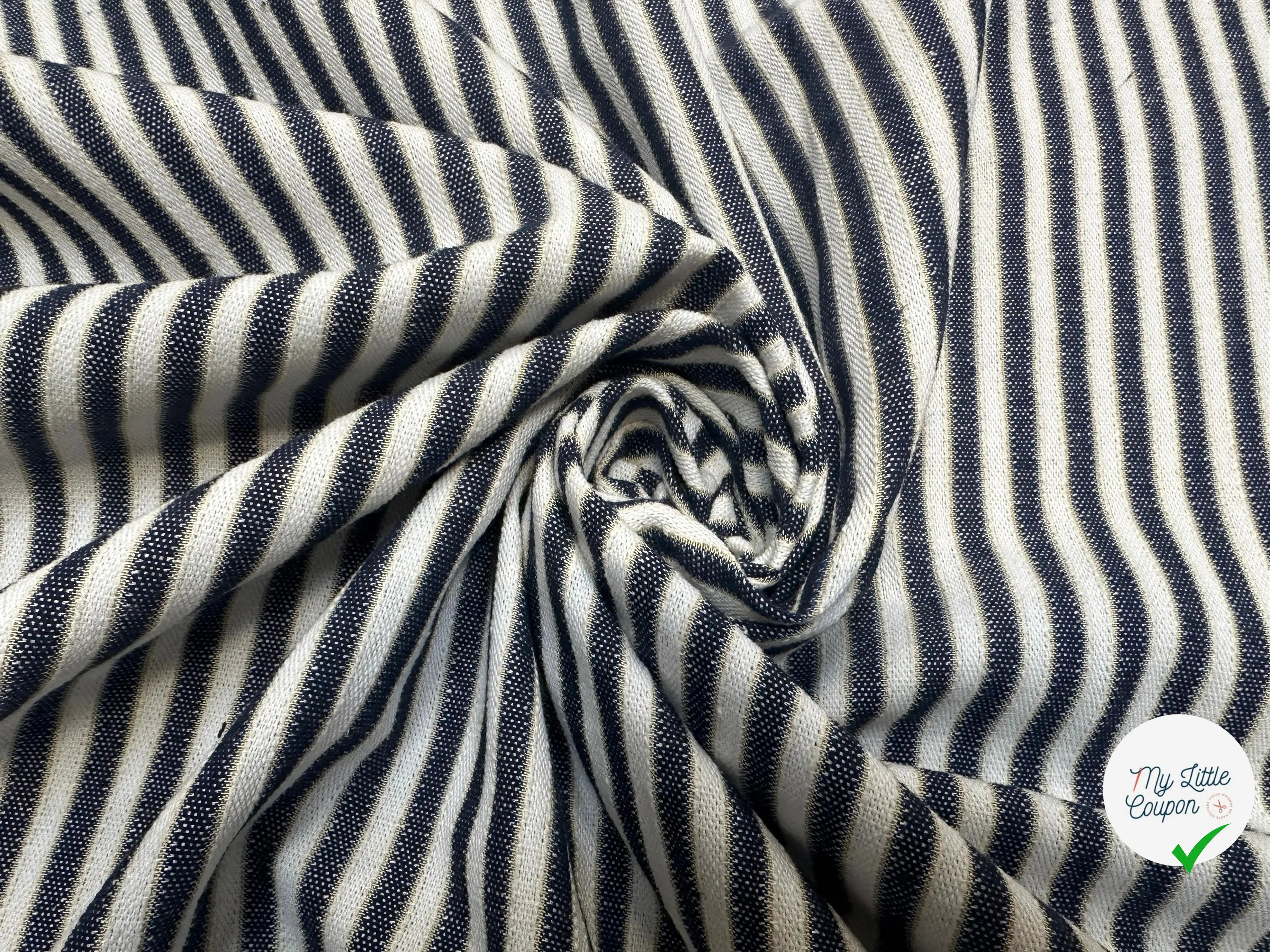 TOILE COTON RAYURES ELEGANTES EFFET LIN BLEU - My Little Coupon