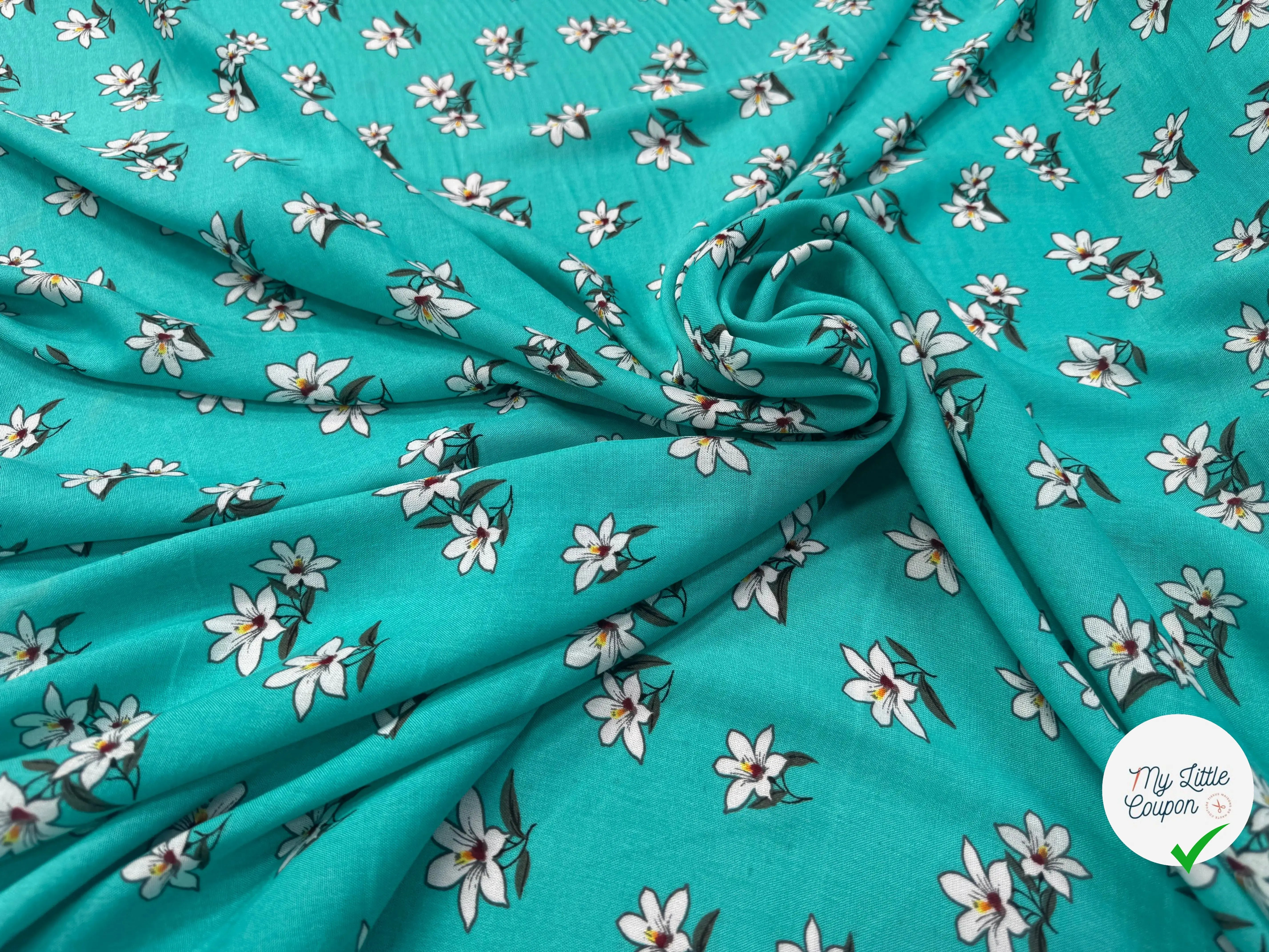 VISCOSE À MOTIF D'HIBISCUS À FOND TURQUOISE - My Little Coupon