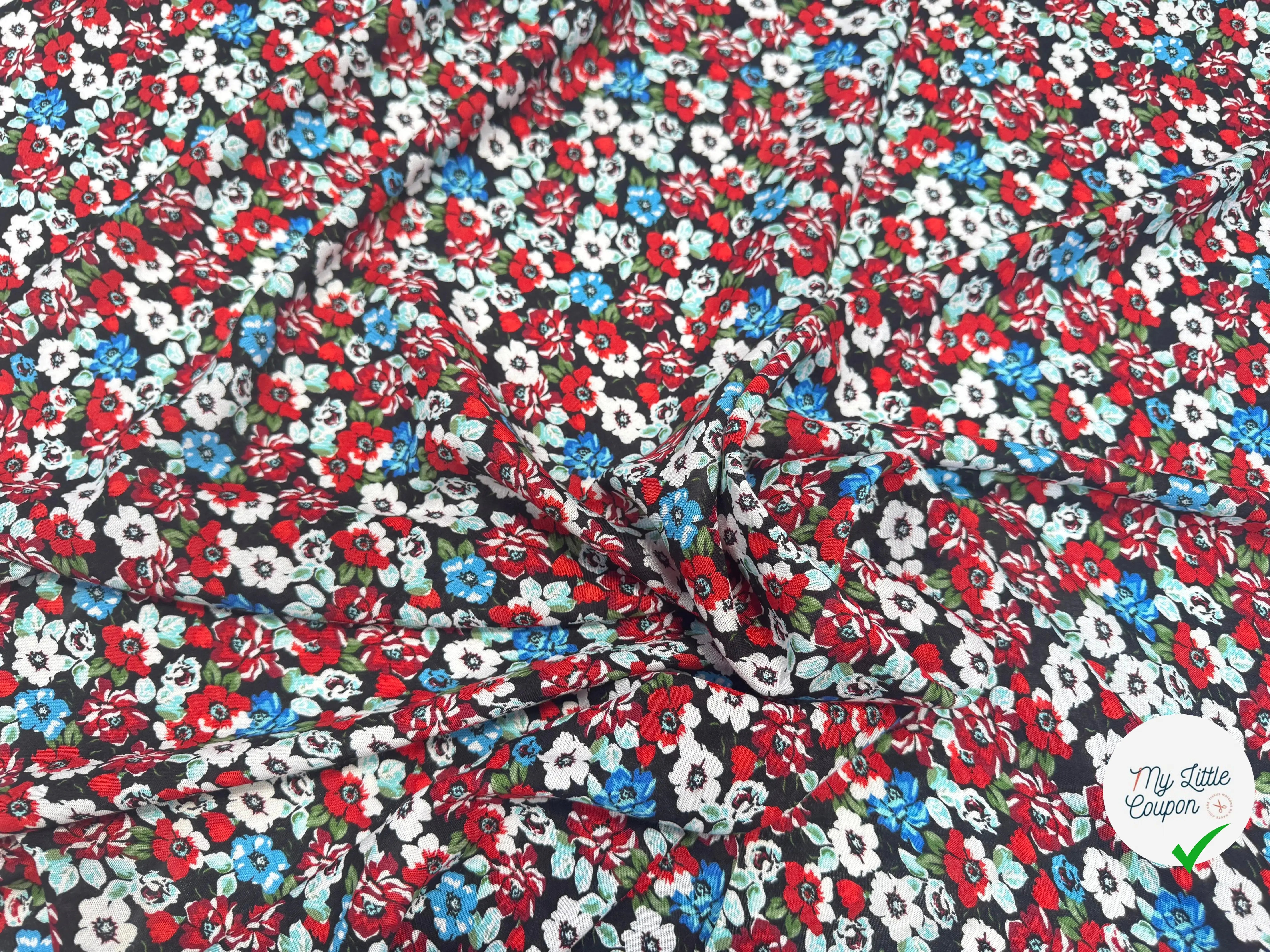 VISCOSE À MOTIFS FLORAUX ROUGES ET BLEUES - My Little Coupon