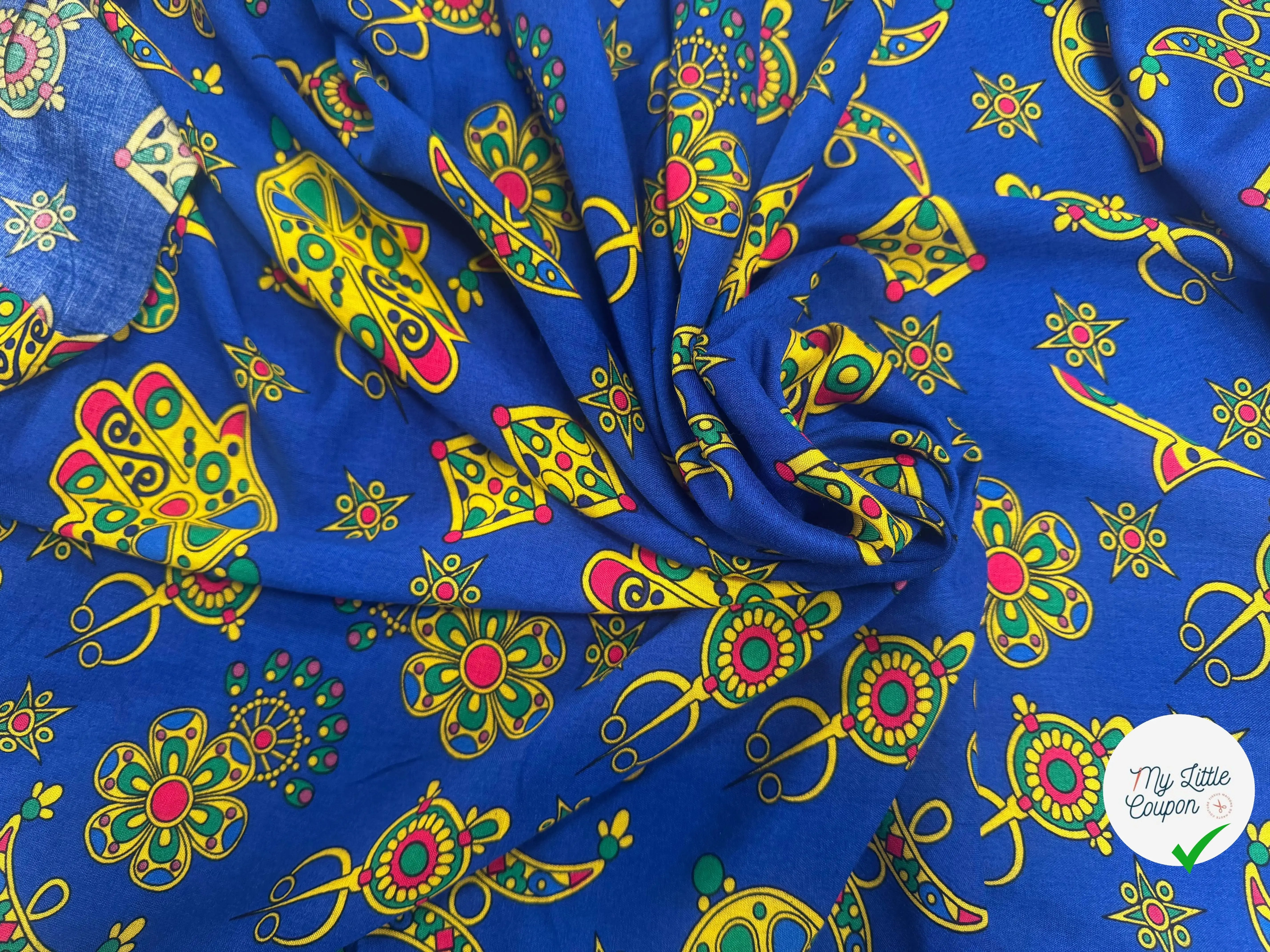 VISCOSE ARLEQUIN AVEC MOTIFS MAINS FOND BLEU - My Little Coupon