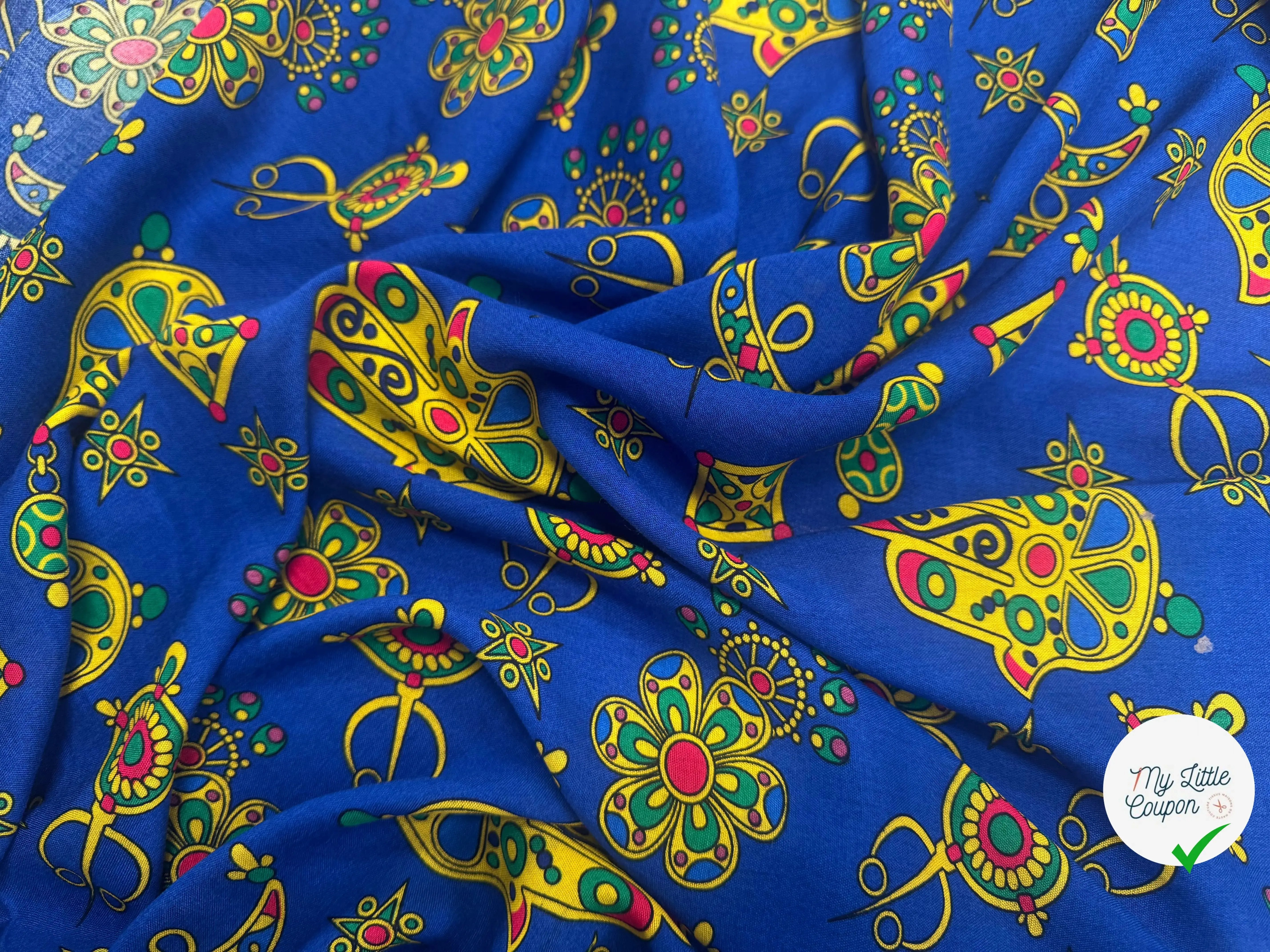VISCOSE ARLEQUIN AVEC MOTIFS MAINS FOND BLEU - My Little Coupon