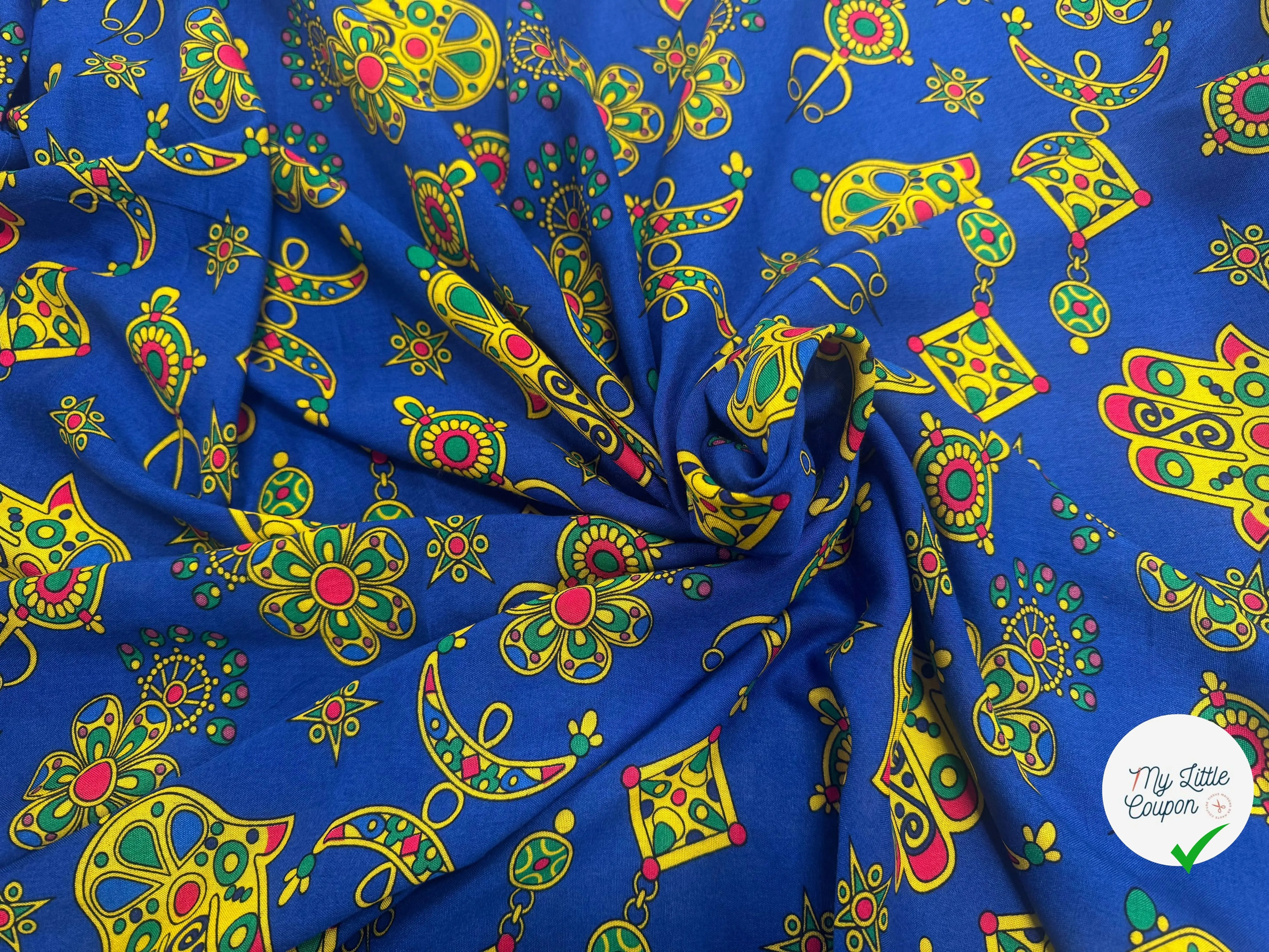 VISCOSE ARLEQUIN AVEC MOTIFS MAINS FOND BLEU - My Little Coupon