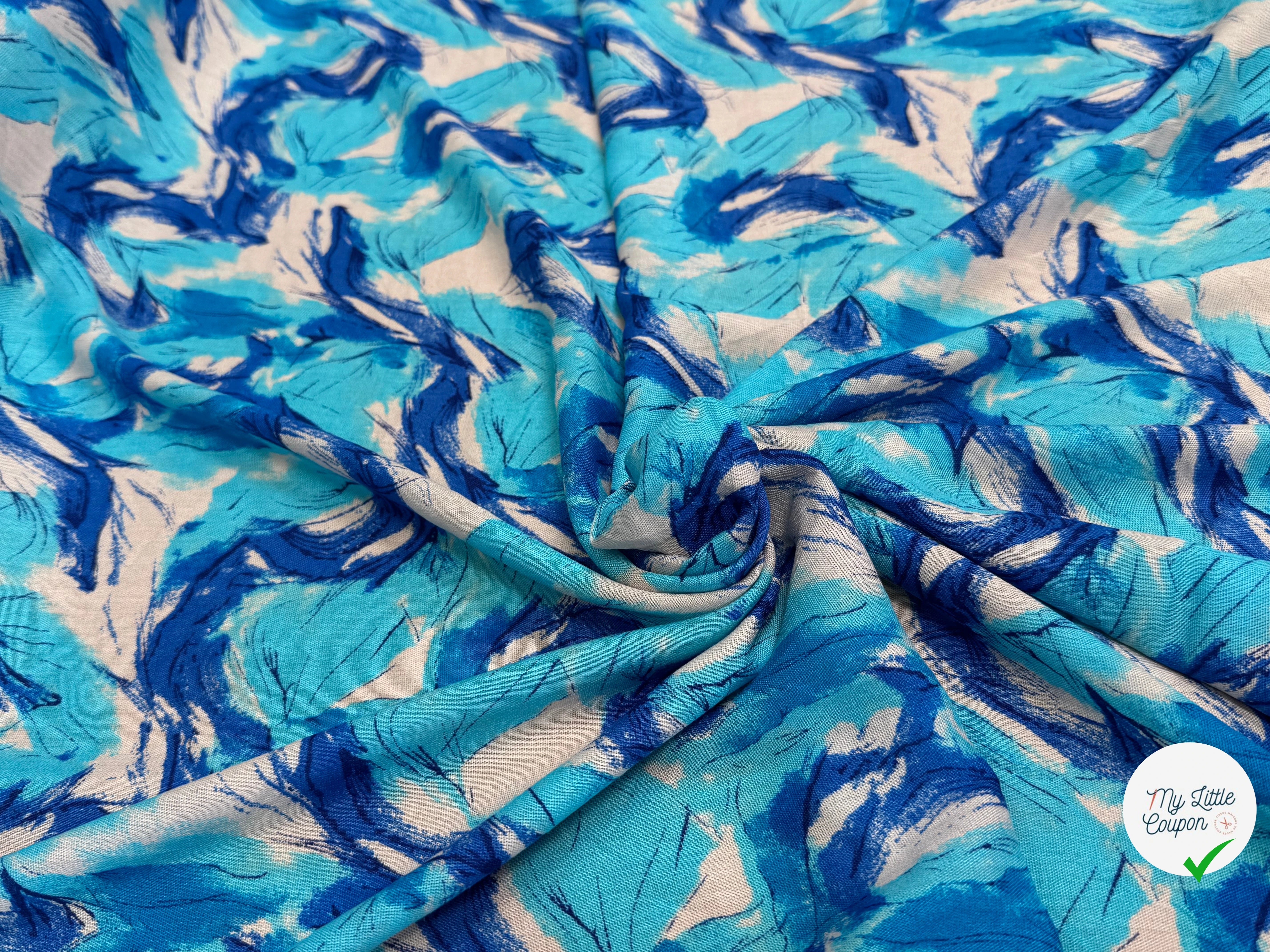 VISCOSE FLUIDE FOND BLANC IMPRIMÉE TOURBILLON ROI TURQUOISE - My Little Coupon
