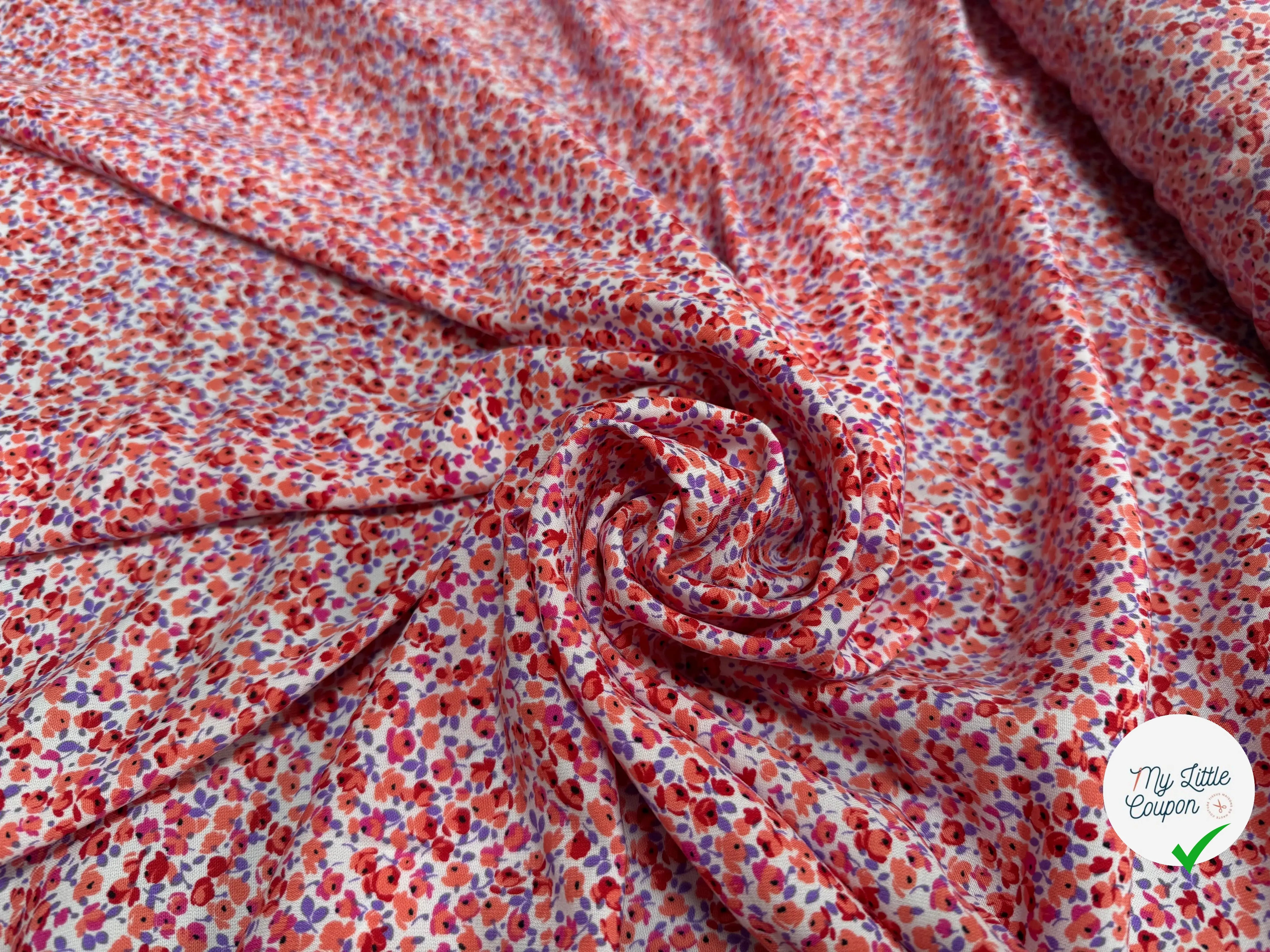 VISCOSE IMPRIMÉ MOTIF PETITES FLEURS ORANGE ROUGE VIOLET - My Little Coupon