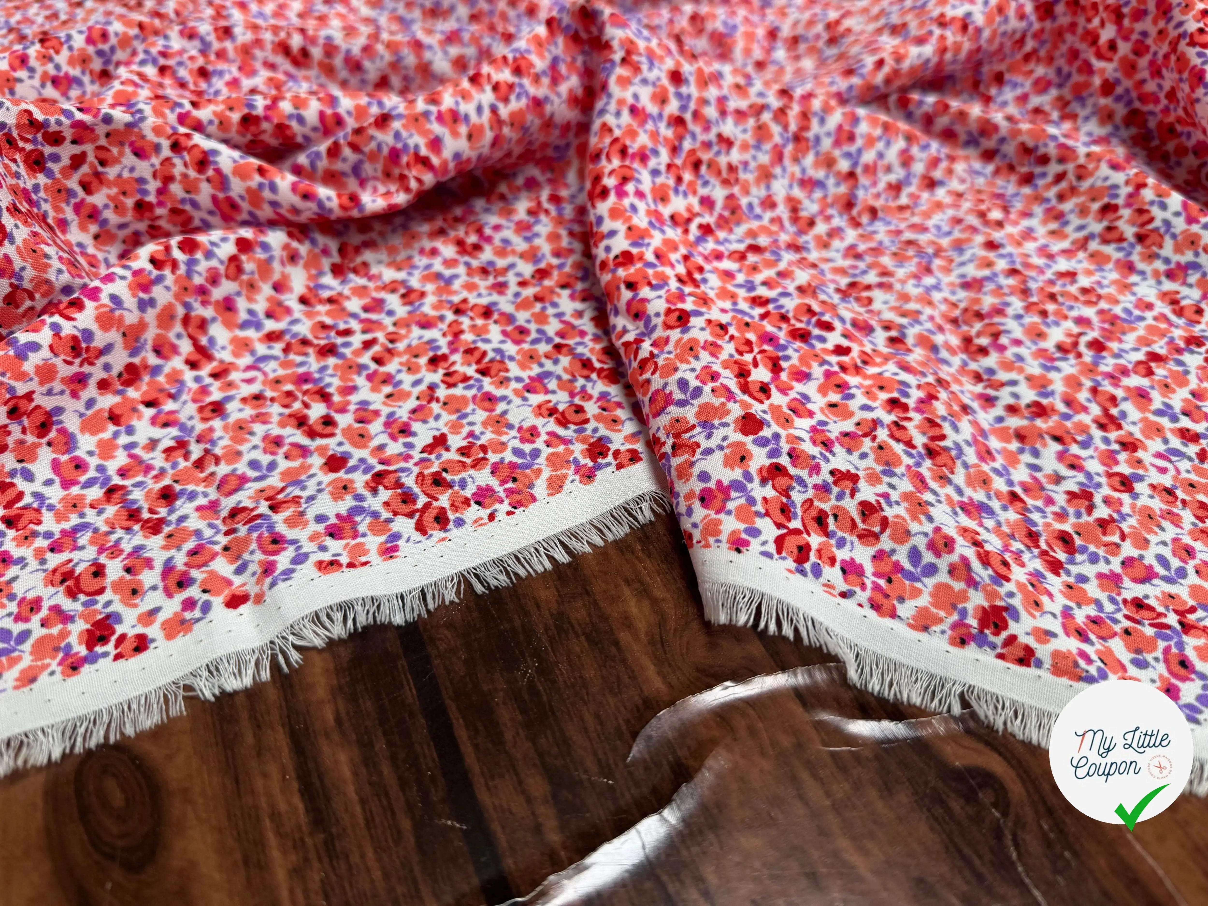 VISCOSE IMPRIMÉ MOTIF PETITES FLEURS ORANGE ROUGE VIOLET - My Little Coupon