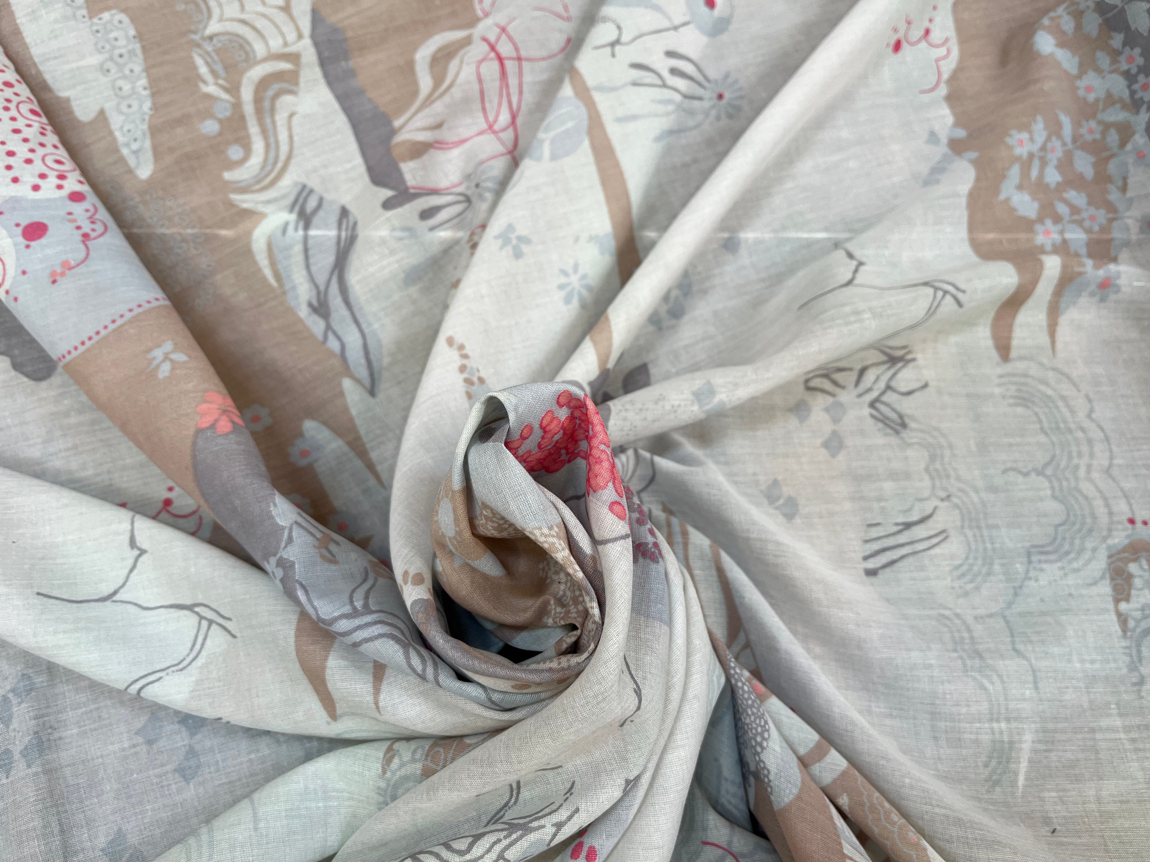 VOILE DE COTON ROSACE FLORALE MULTICOLORE FOND GRIS - My Little Coupon
