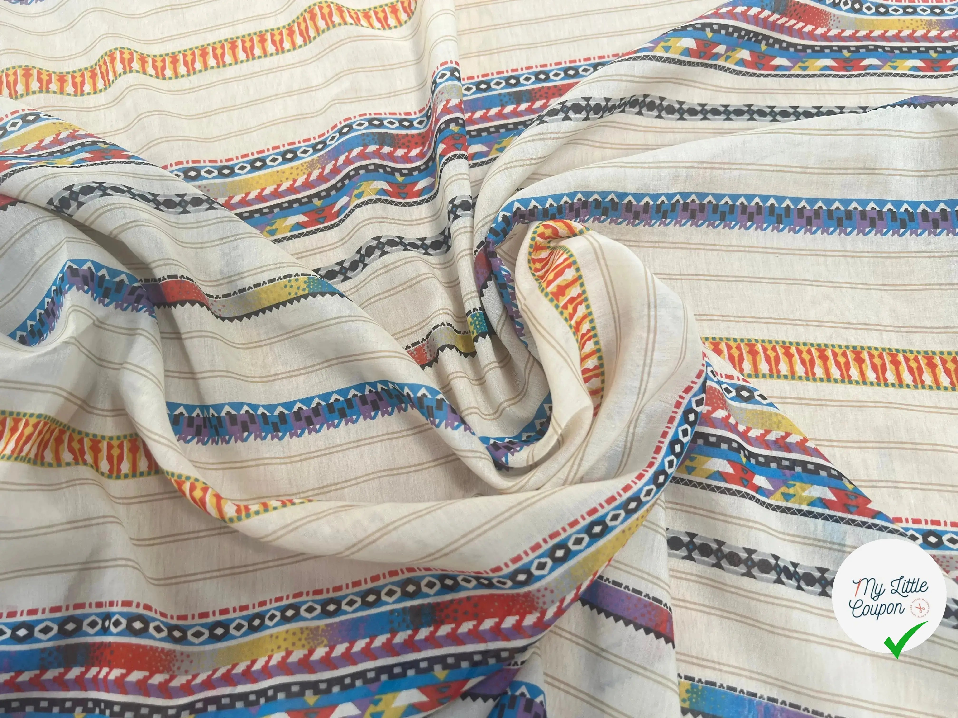 VOILE DE COTON SOIE FOND BEIGE MOTIFS HIPPIE - My Little Coupon