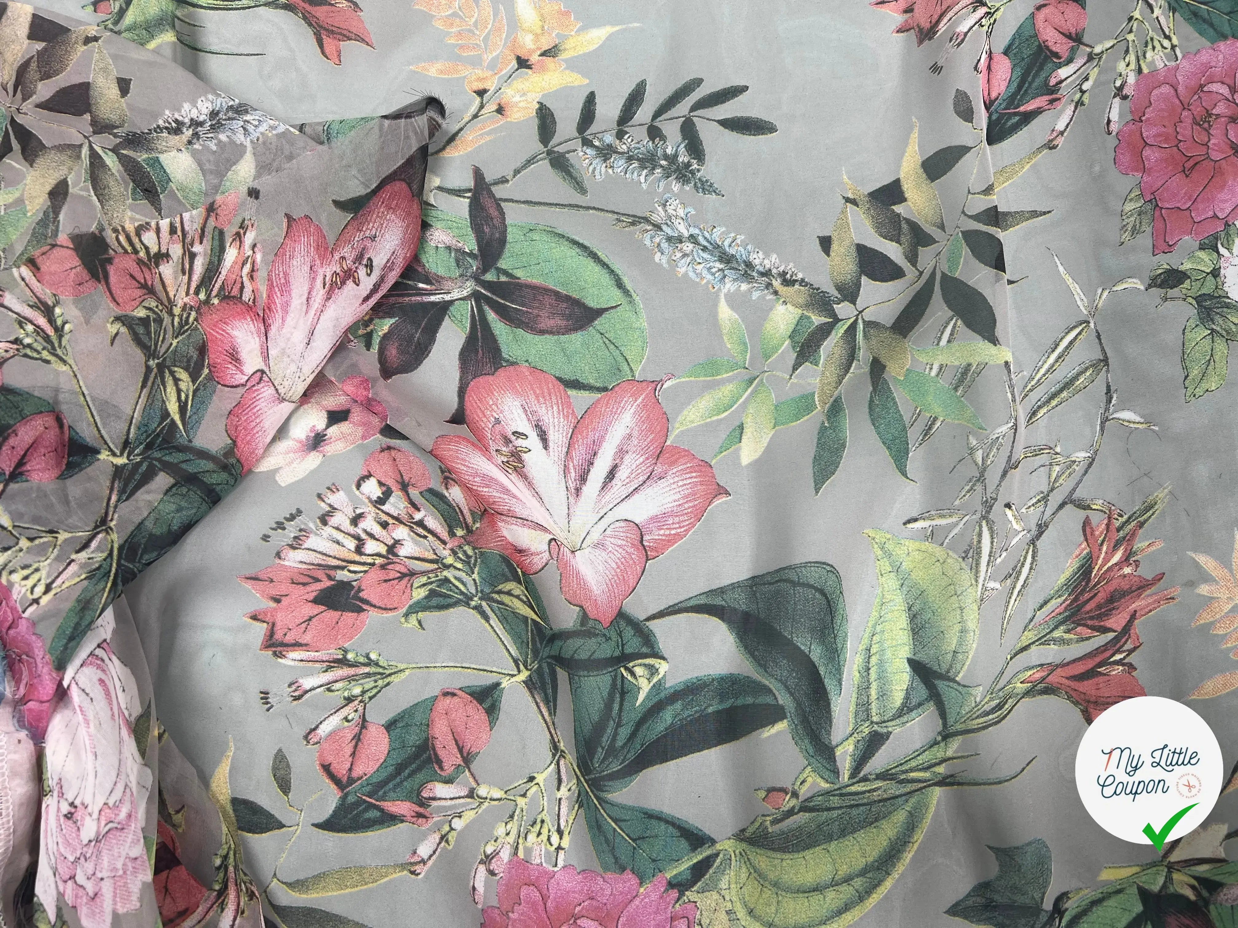 VOILE SOIE VISCOSE FOND GRIS FLEURS ORANGES - My Little Coupon