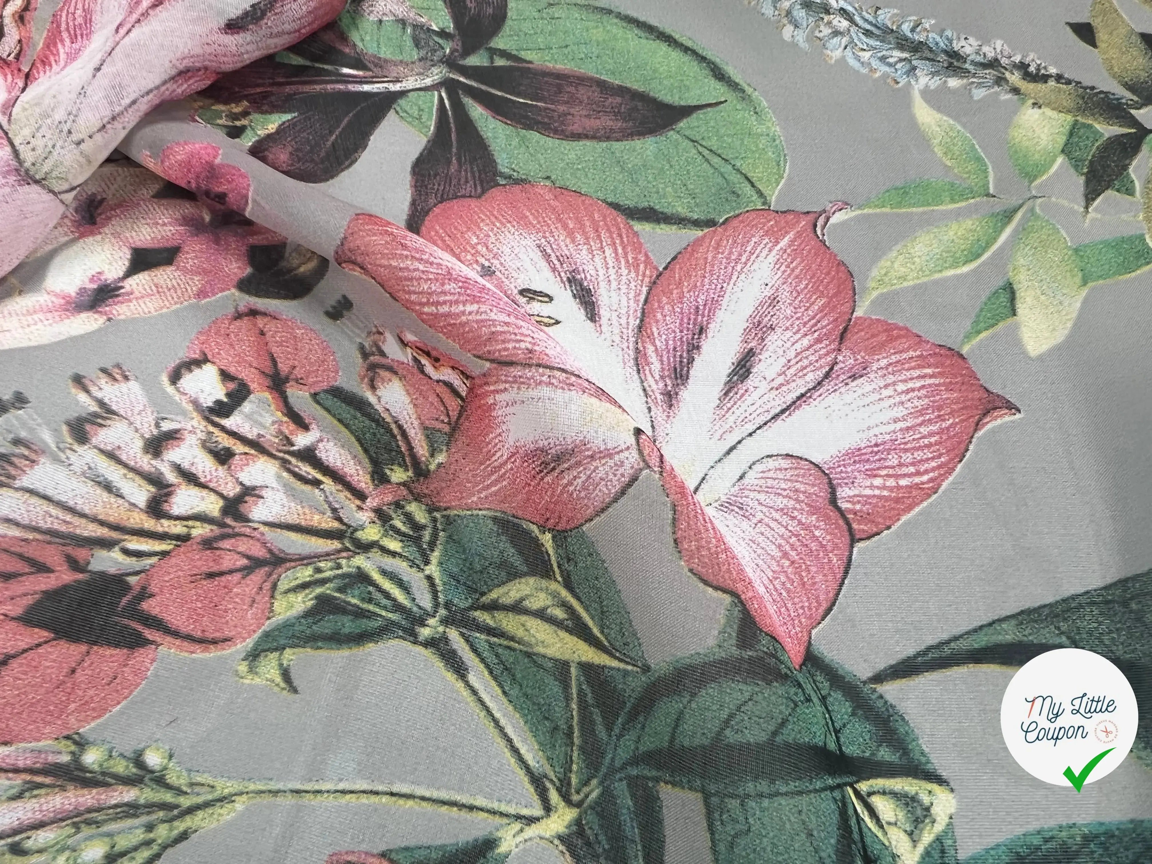 VOILE SOIE VISCOSE FOND GRIS FLEURS ORANGES - My Little Coupon
