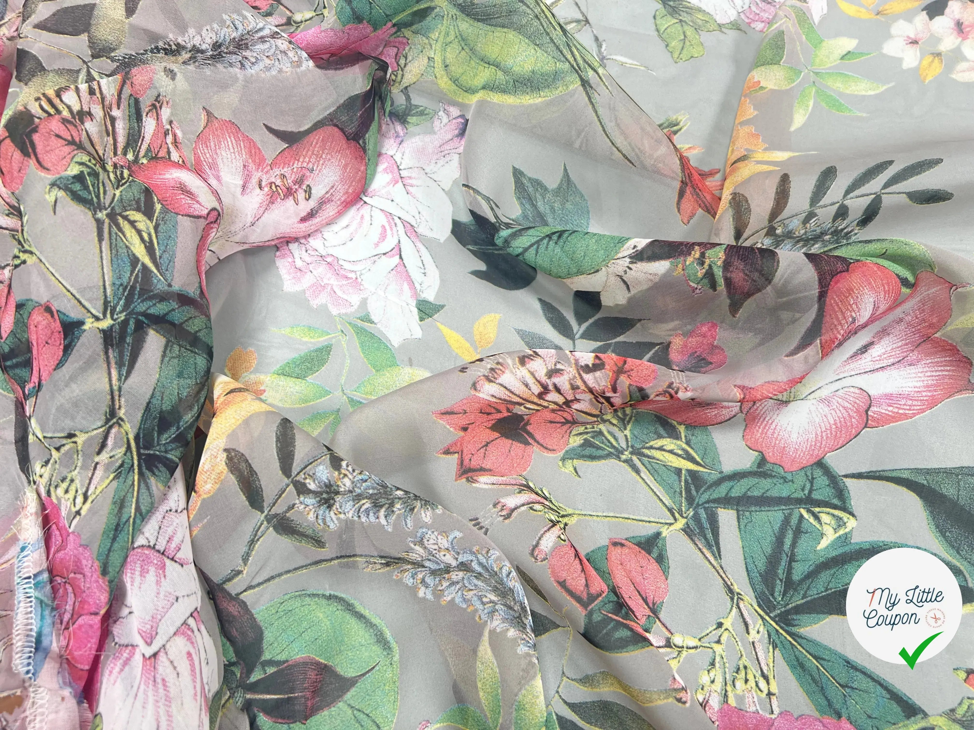VOILE SOIE VISCOSE FOND GRIS FLEURS ORANGES - My Little Coupon