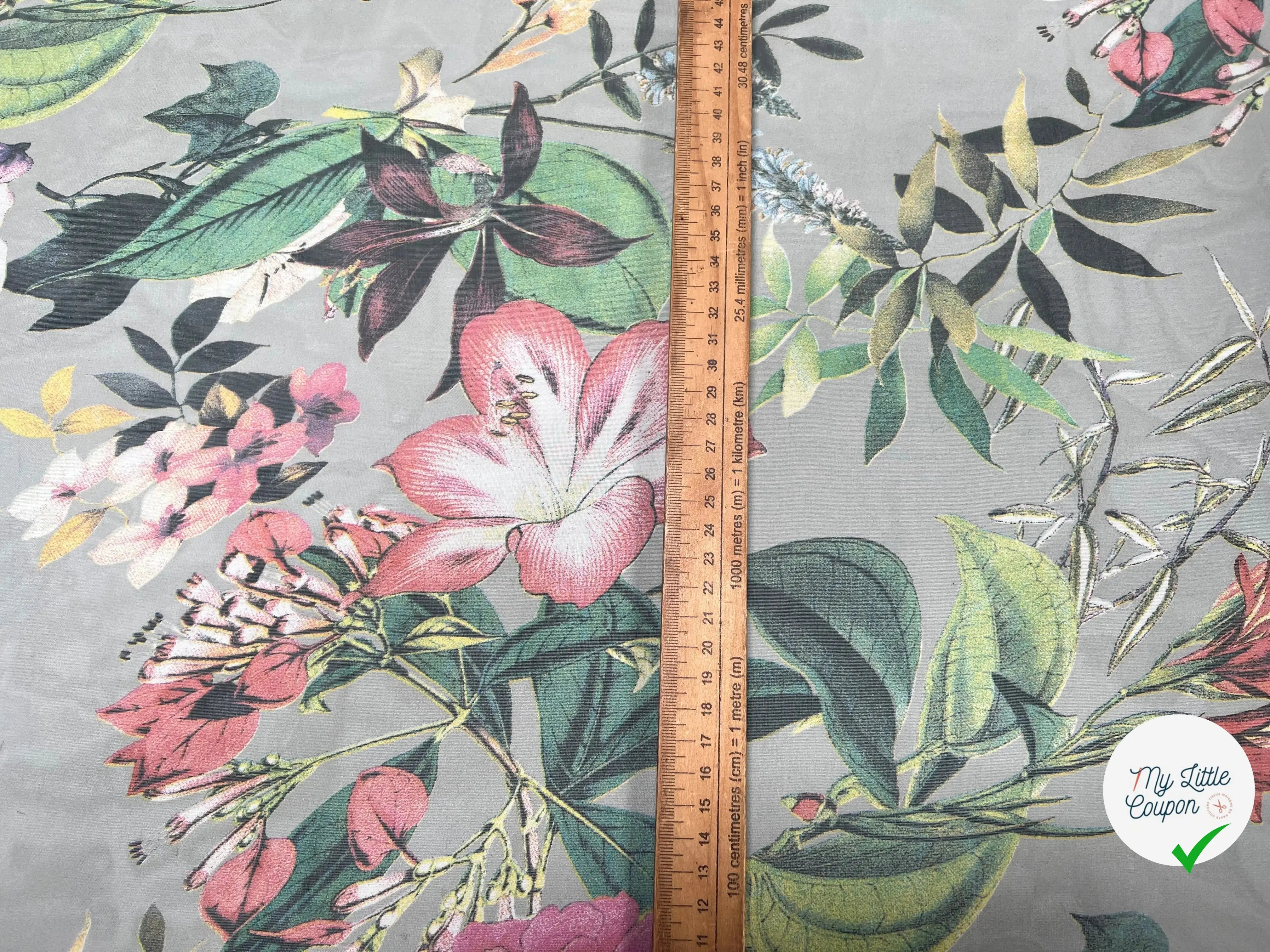 VOILE SOIE VISCOSE FOND GRIS FLEURS ORANGES - My Little Coupon