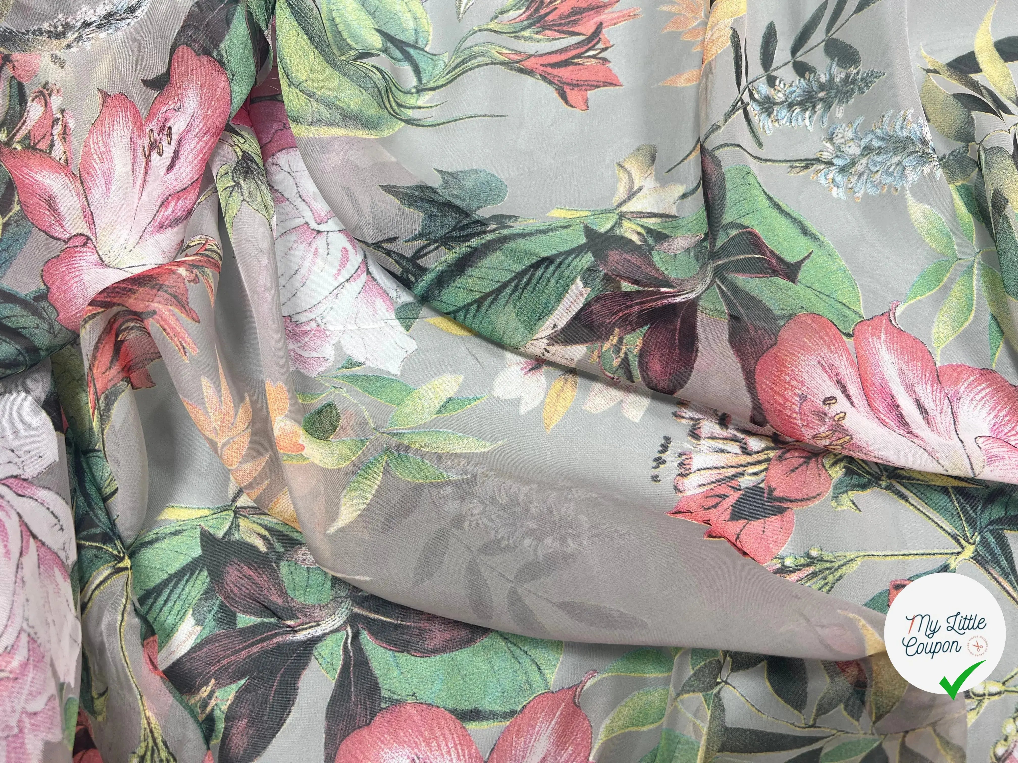 VOILE SOIE VISCOSE FOND GRIS FLEURS ORANGES - My Little Coupon