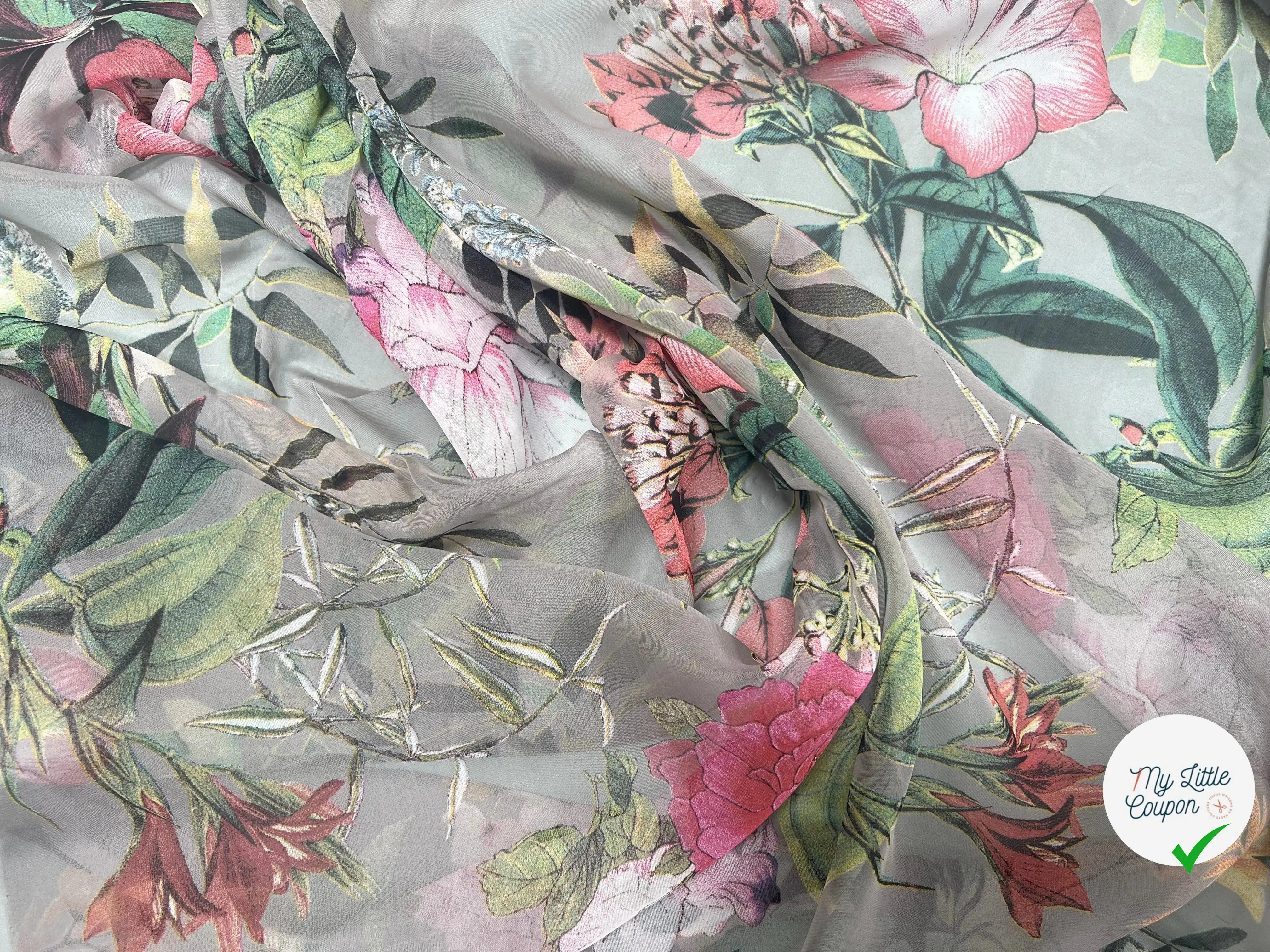 VOILE SOIE VISCOSE FOND GRIS FLEURS ORANGES - My Little Coupon