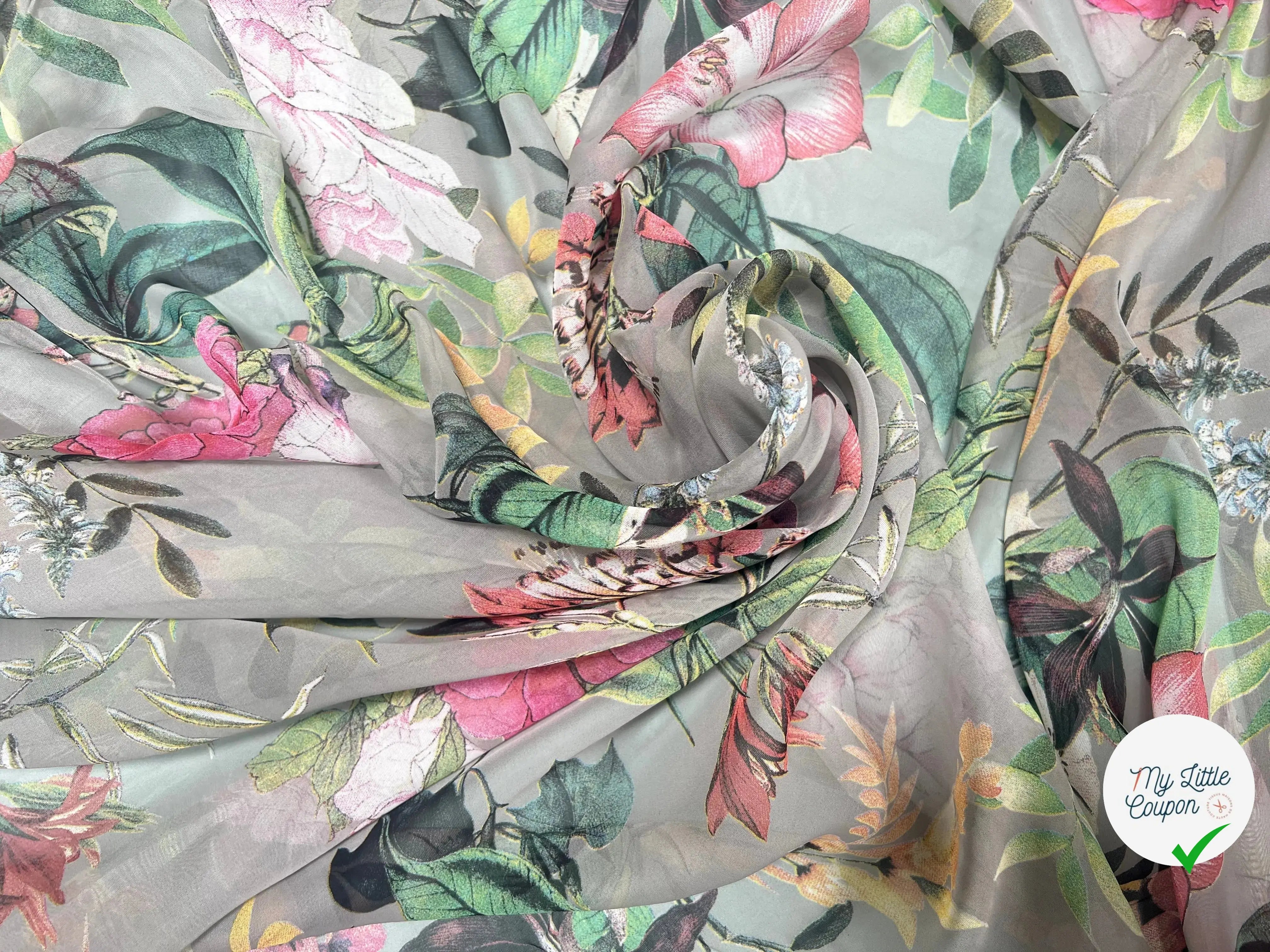VOILE SOIE VISCOSE FOND GRIS FLEURS ORANGES - My Little Coupon