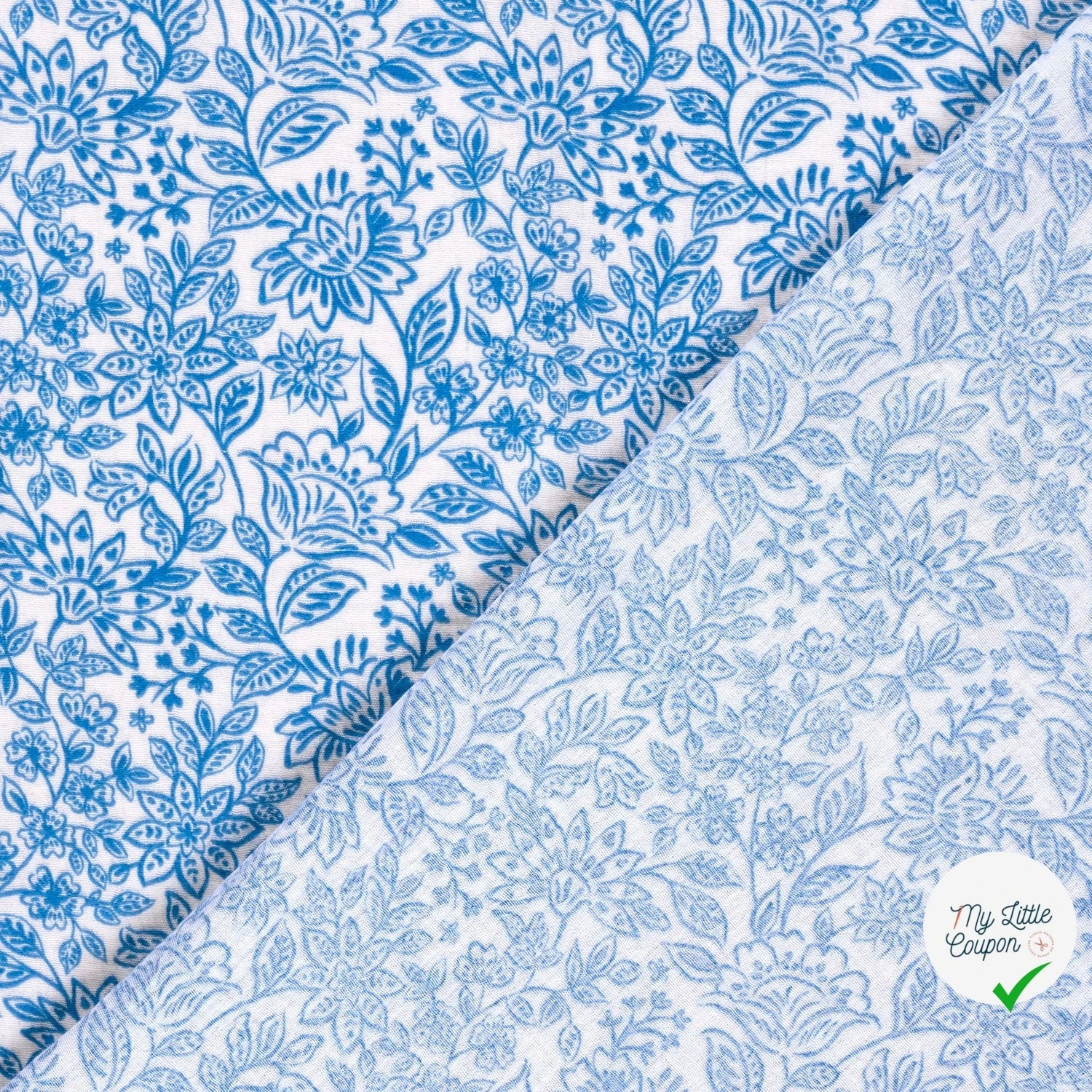 DOUBLE GAZE TISSU IMPRIMÉ FLEURS INDIGO - My Little Coupon