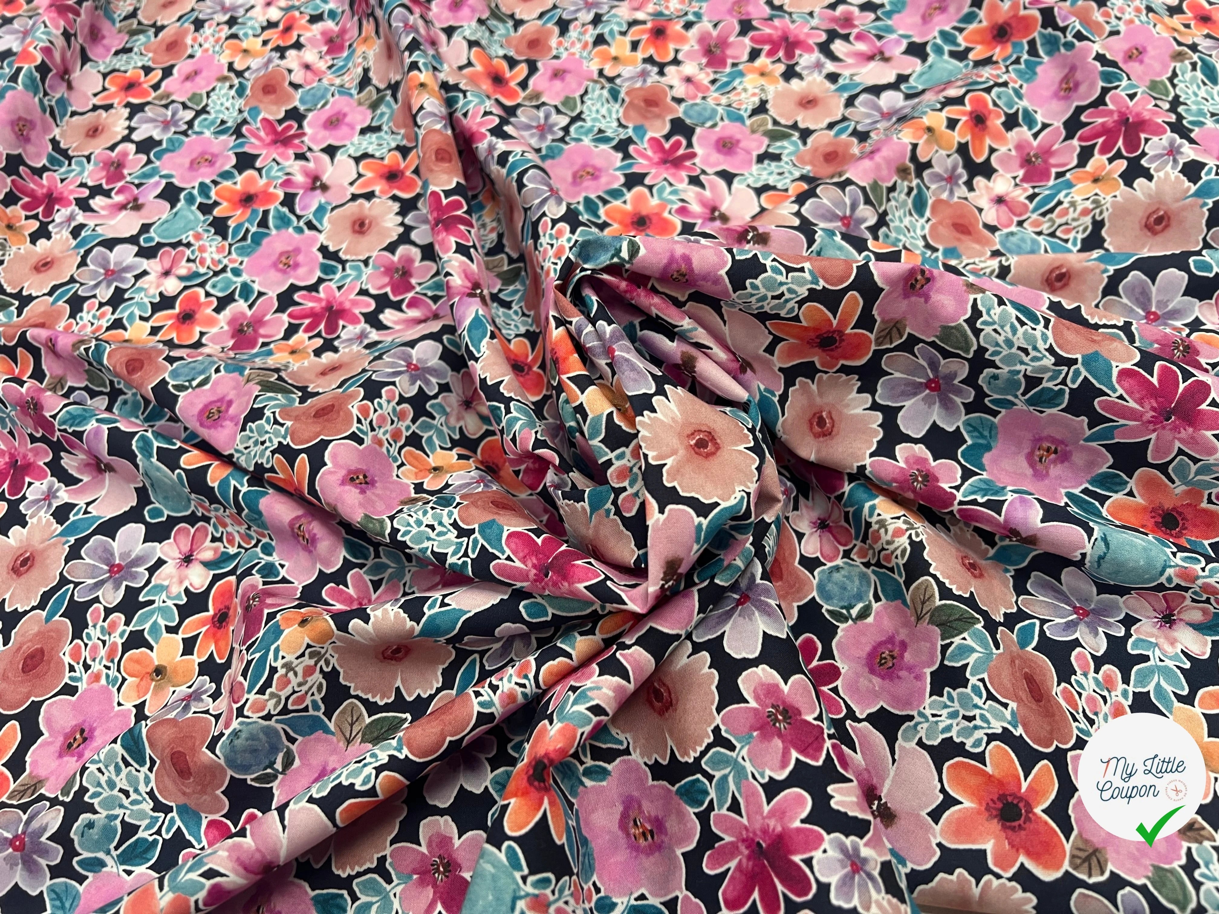 FINE POPLIN DIGITAL FLOWERS – NAVY - My Little Coupon