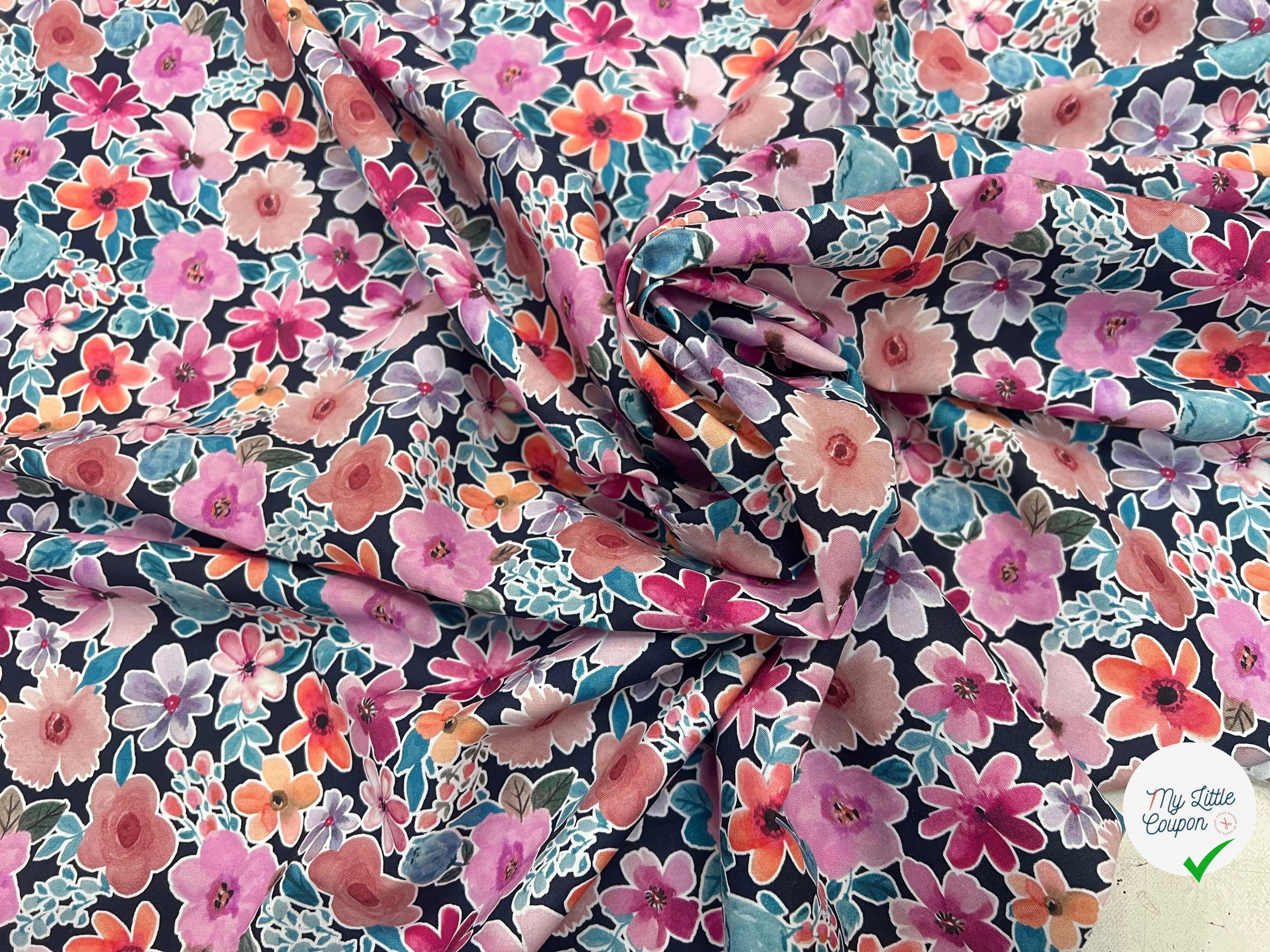 FINE POPLIN DIGITAL FLOWERS – NAVY - My Little Coupon