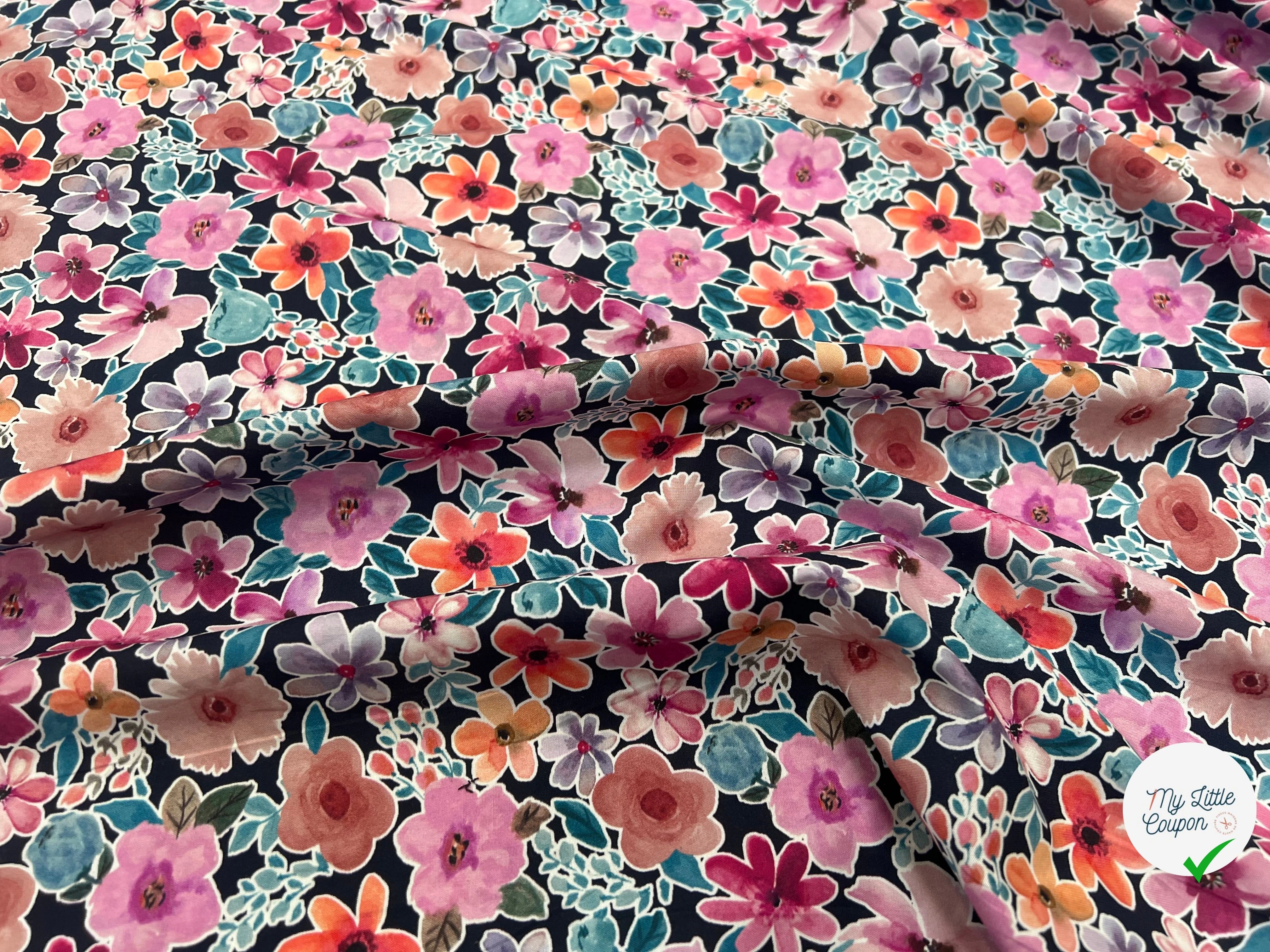 FINE POPLIN DIGITAL FLOWERS – NAVY - My Little Coupon