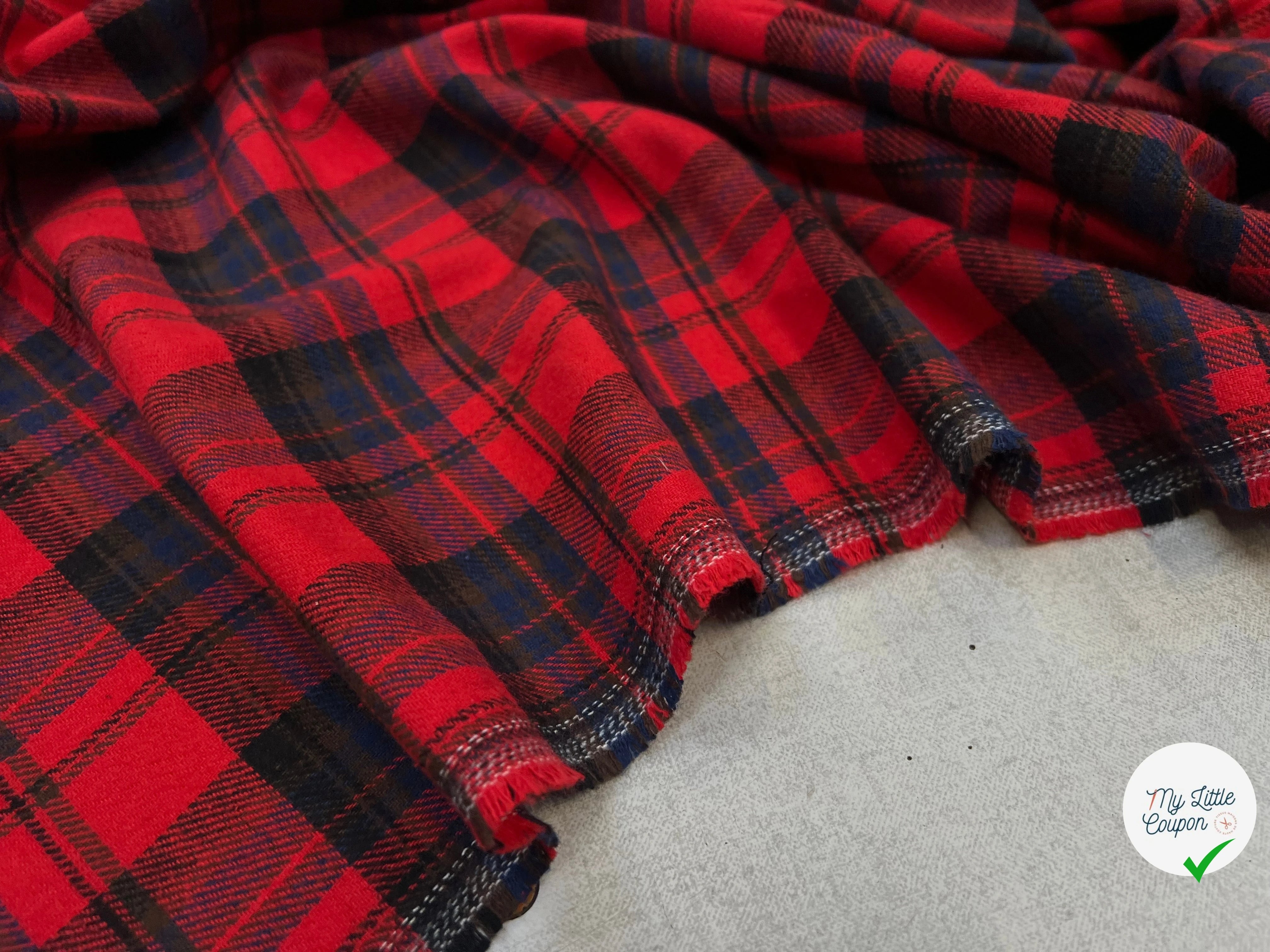 FLANELLE COTON  BROSSÉE À CARREAUX FILS TEINTS ROUGE - My Little Coupon