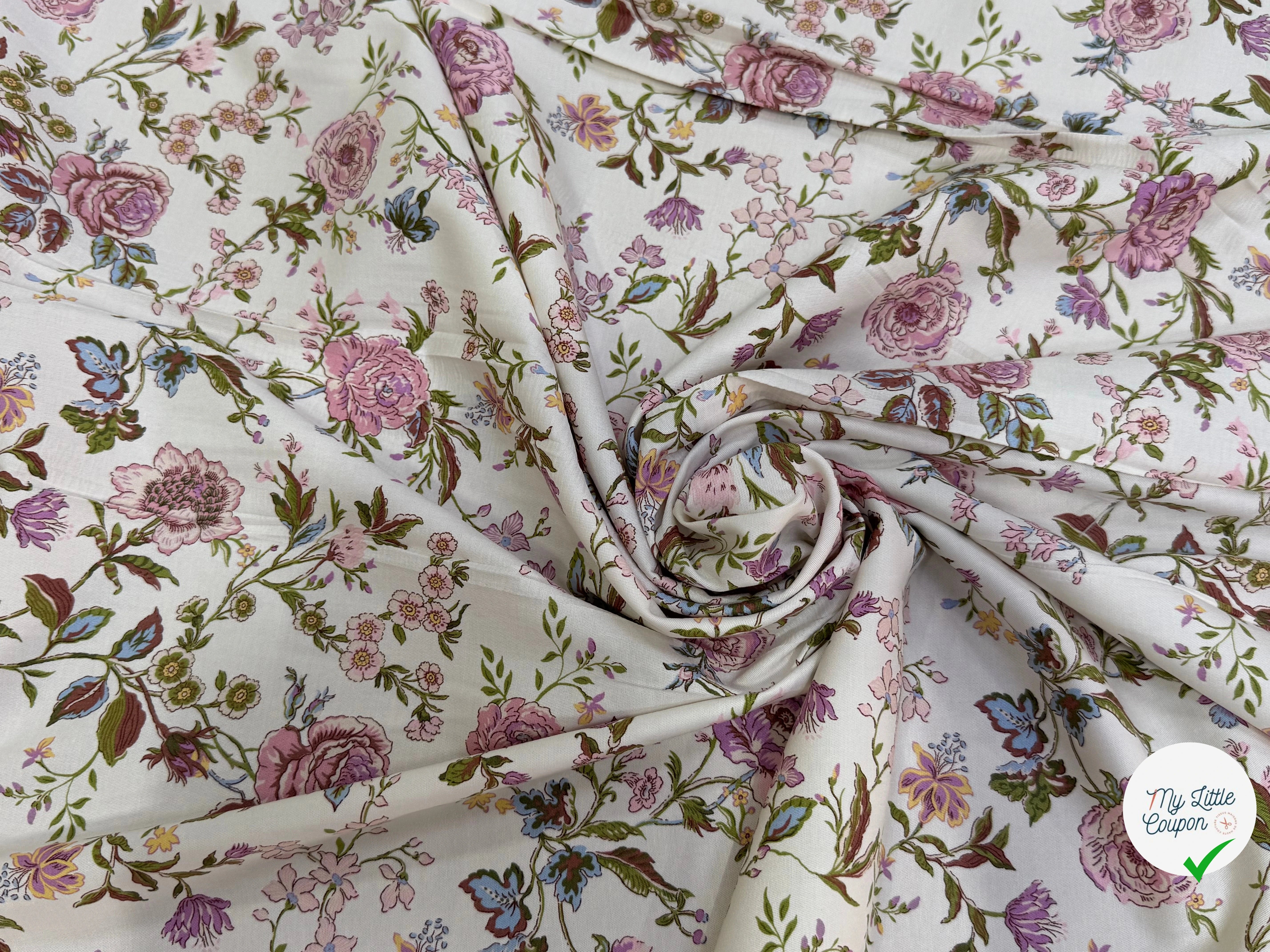 GABARDINE DE COTON FINE STRETCH ÉCRU JOLIES FLEURS ROSE VERT - My Little Coupon