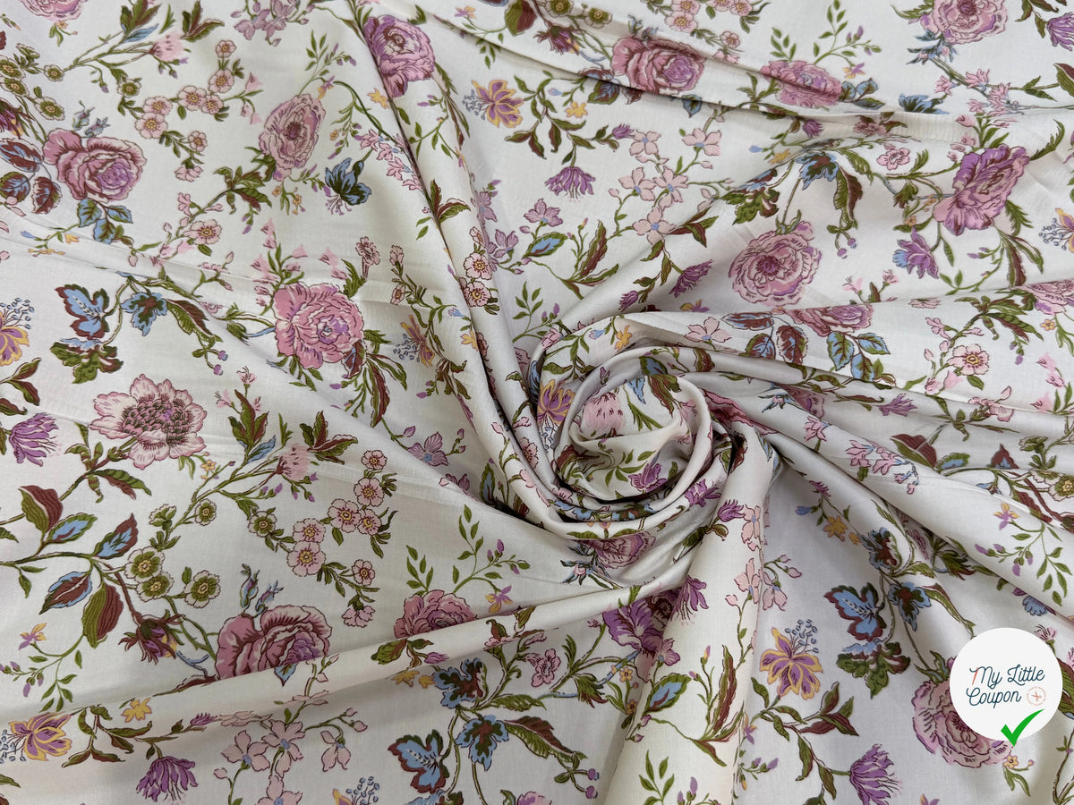 GABARDINE DE COTON FINE STRETCH ÉCRU JOLIES FLEURS ROSE VERT - My Little Coupon