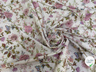 GABARDINE DE COTON FINE STRETCH ÉCRU JOLIES FLEURS ROSE VERT - My Little Coupon