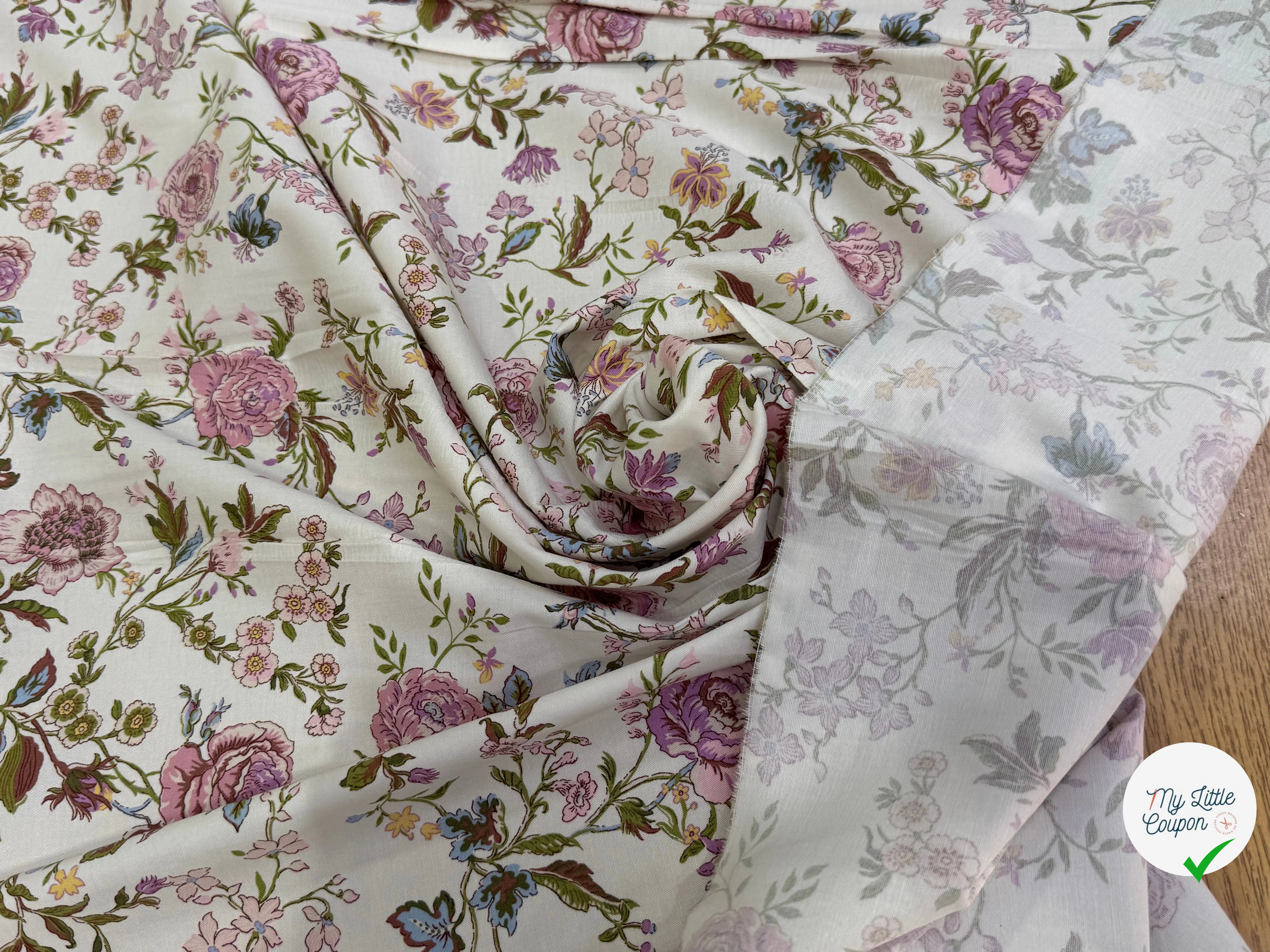 GABARDINE DE COTON FINE STRETCH ÉCRU JOLIES FLEURS ROSE VERT - My Little Coupon