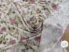 GABARDINE DE COTON FINE STRETCH ÉCRU JOLIES FLEURS ROSE VERT - My Little Coupon