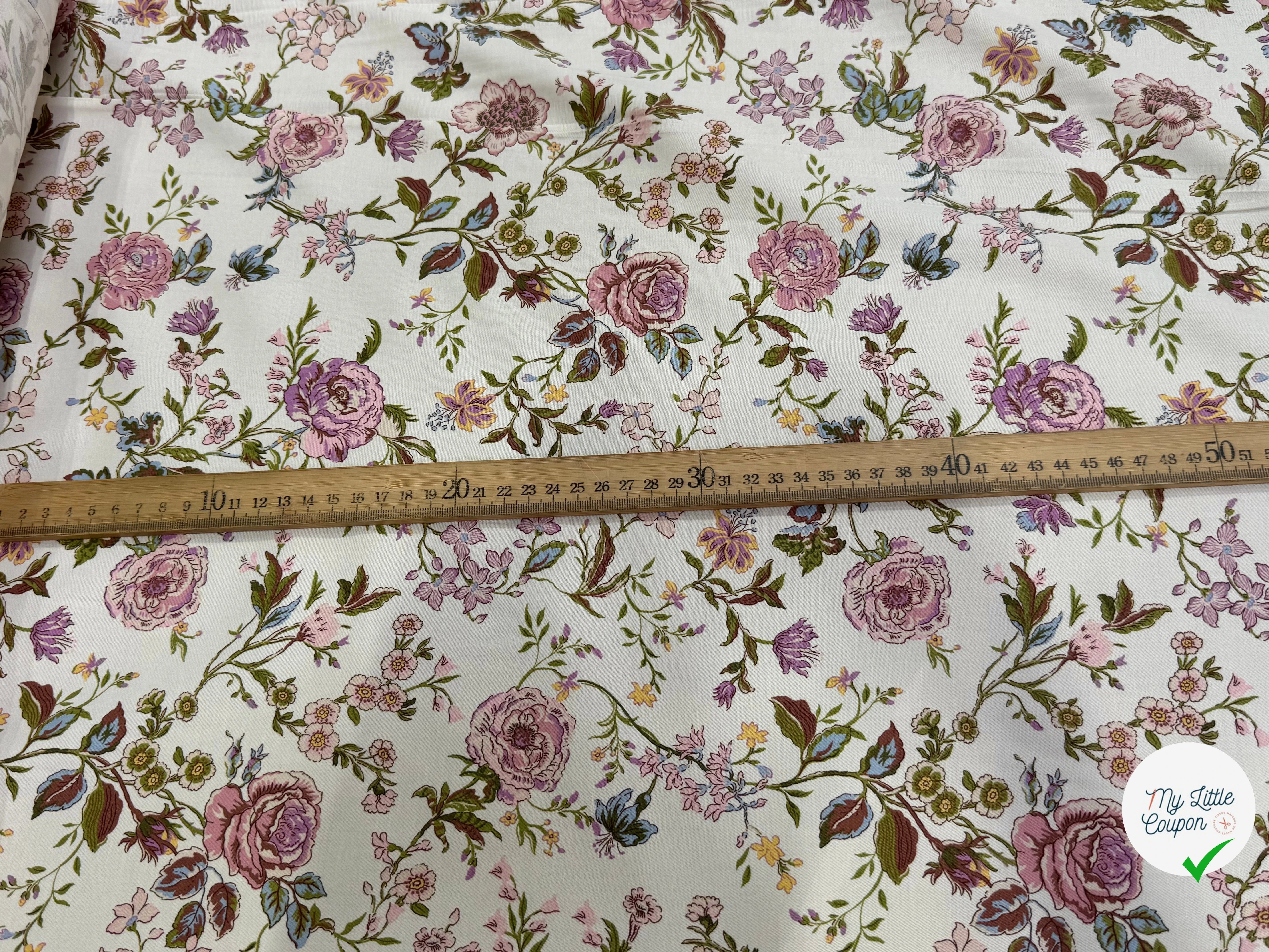 GABARDINE DE COTON FINE STRETCH ÉCRU JOLIES FLEURS ROSE VERT - My Little Coupon