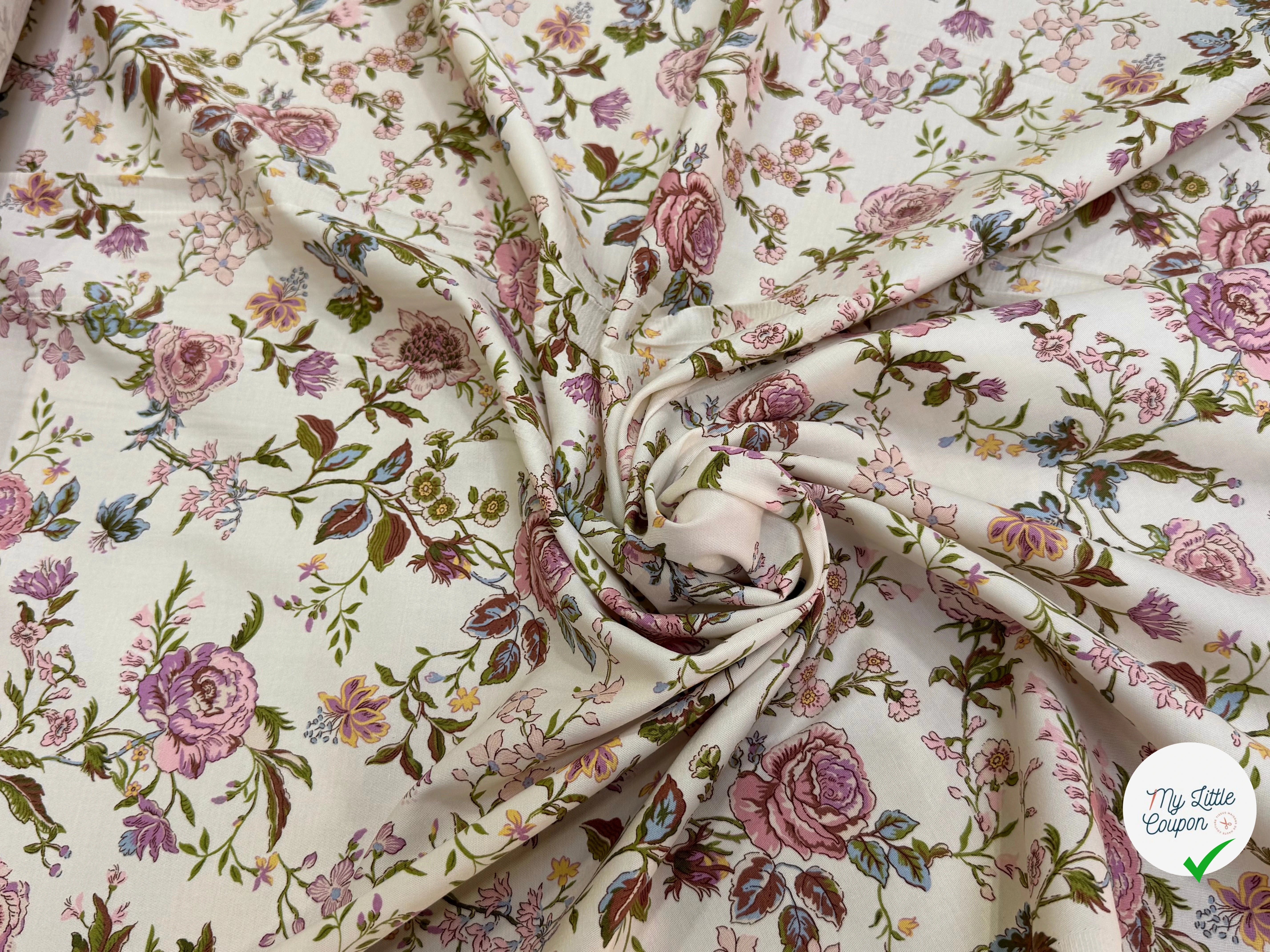 GABARDINE DE COTON FINE STRETCH ÉCRU JOLIES FLEURS ROSE VERT - My Little Coupon