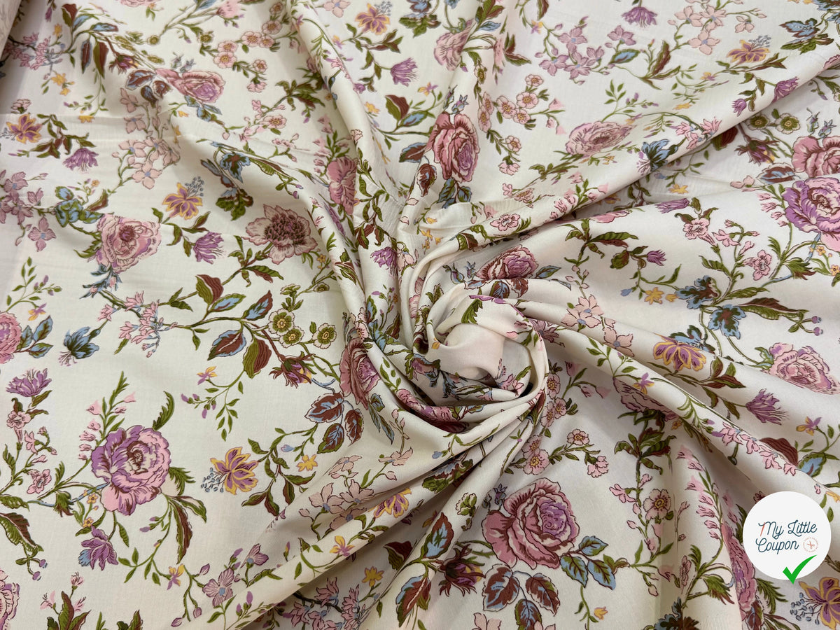 GABARDINE DE COTON FINE STRETCH ÉCRU JOLIES FLEURS ROSE VERT - My Little Coupon
