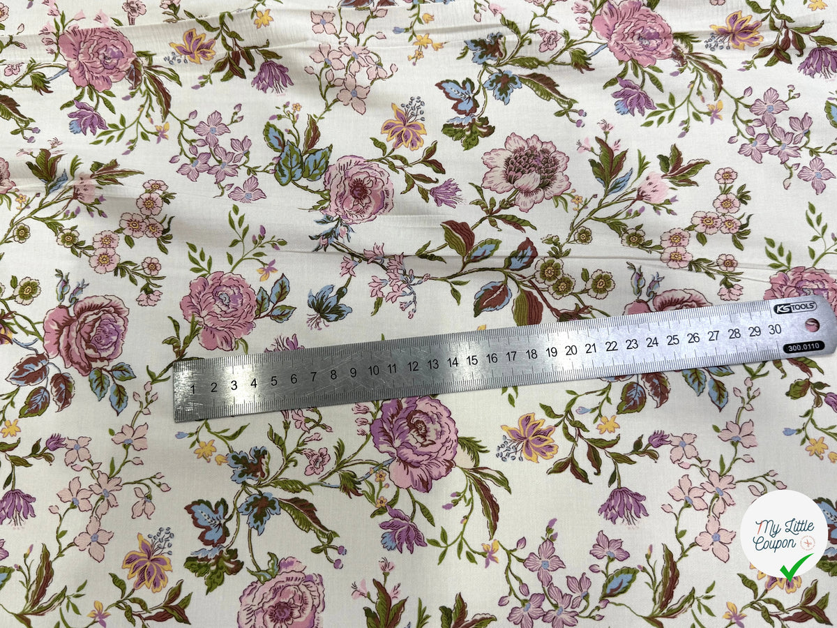 GABARDINE DE COTON FINE STRETCH ÉCRU JOLIES FLEURS ROSE VERT - My Little Coupon