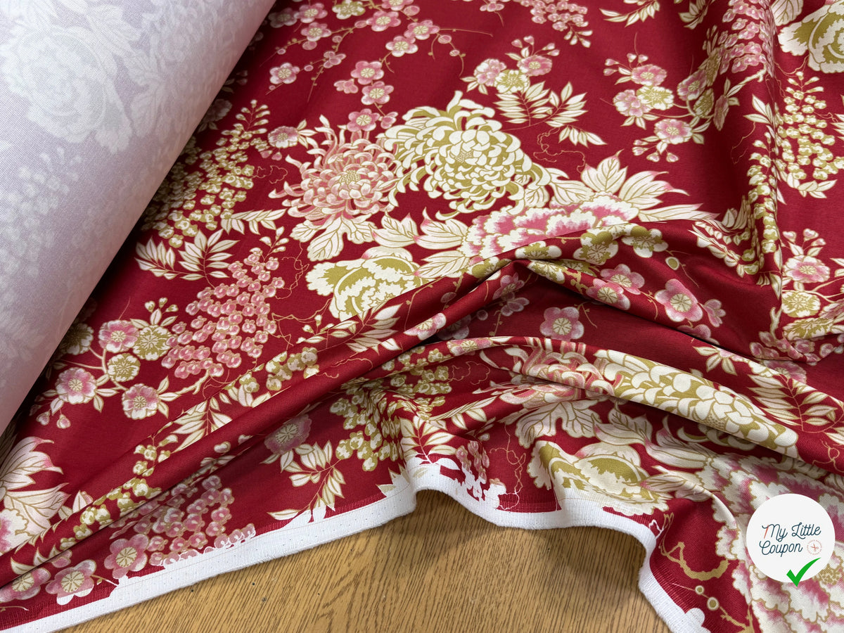 GABARDINE DE COTON STRETCH FOND ROUGE BORDEAUX FLORAL BELLE TENUE - My Little Coupon