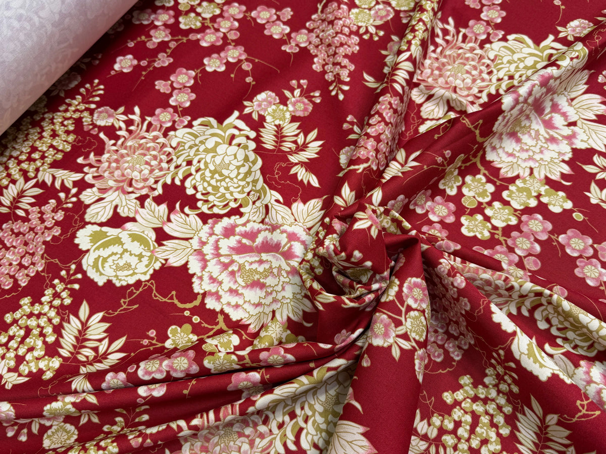 GABARDINE DE COTON STRETCH FOND ROUGE BORDEAUX FLORAL BELLE TENUE - My Little Coupon