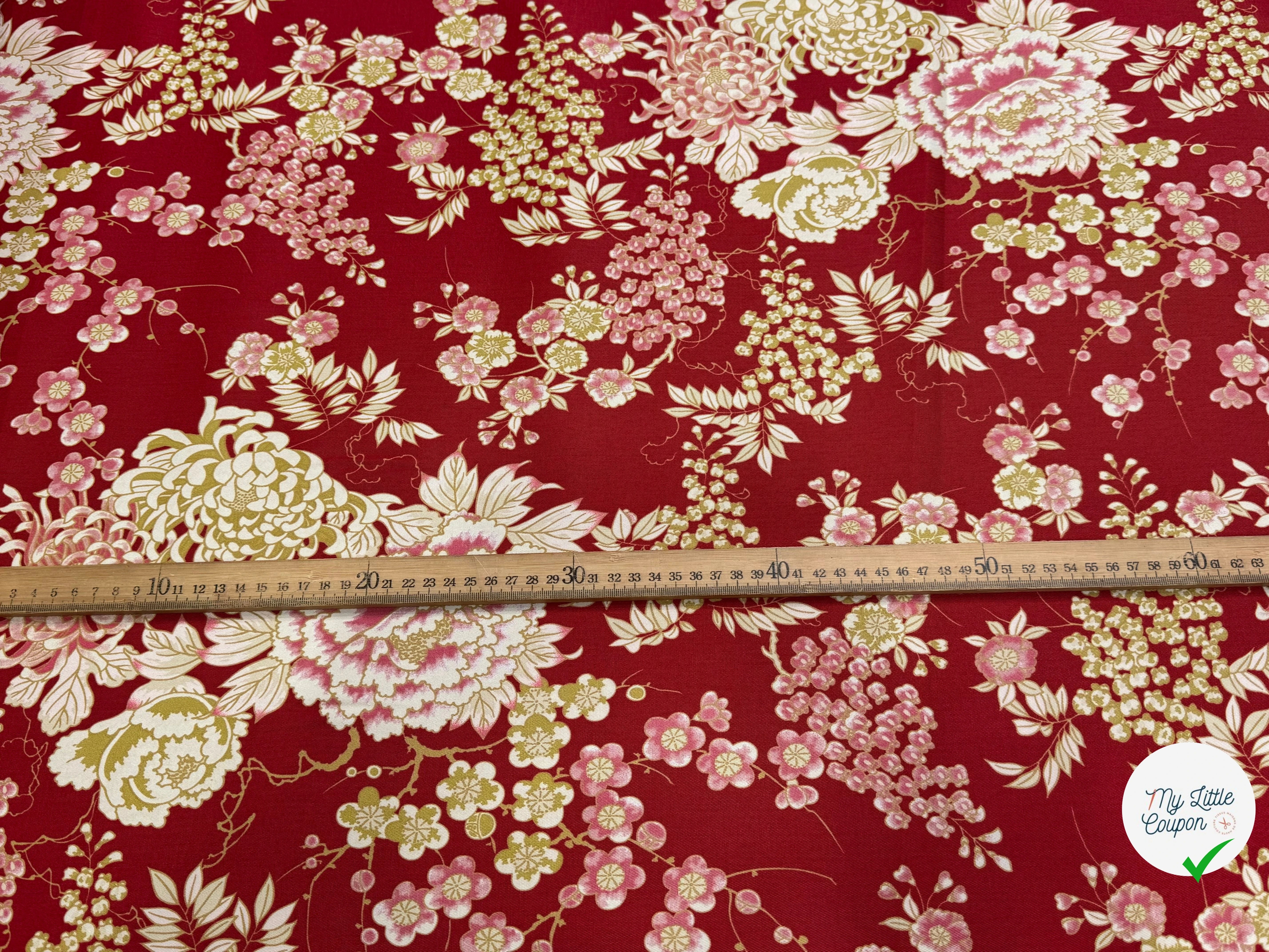 GABARDINE DE COTON STRETCH FOND ROUGE BORDEAUX FLORAL BELLE TENUE - My Little Coupon