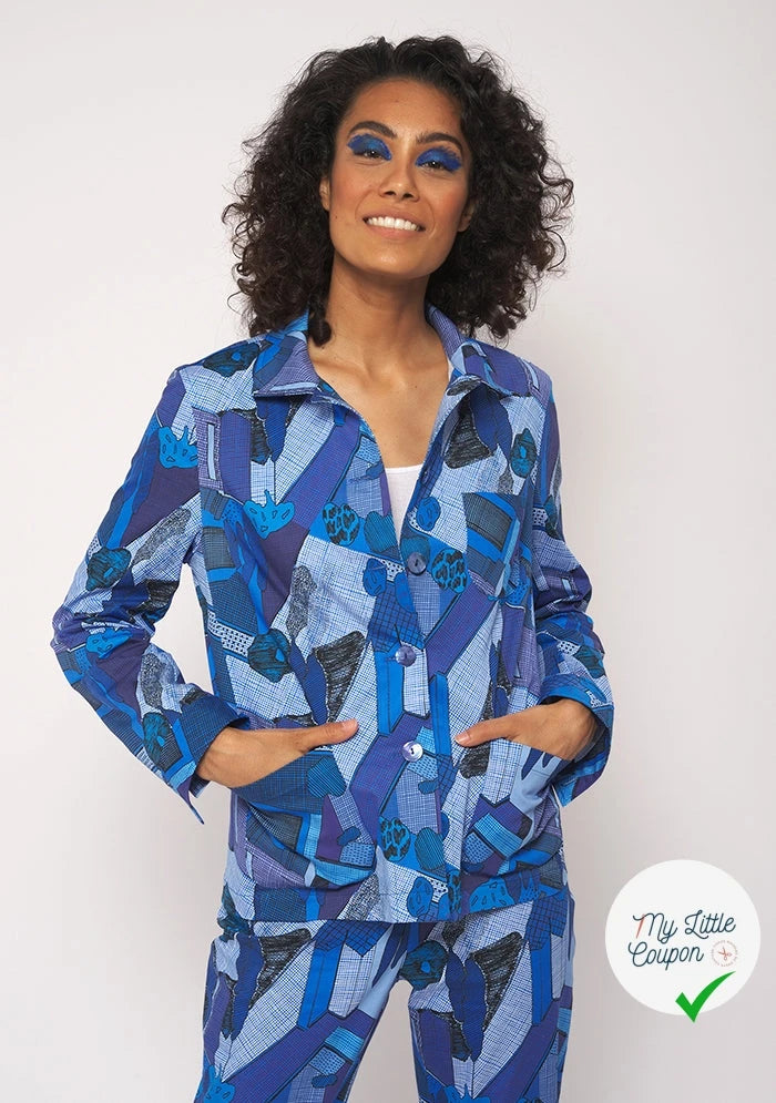 GABARDINE FINE DE COTON STRETCH IMPRIMÉ ABSTRAIT GÉOMÉTRIQUE BLEU - My Little Coupon