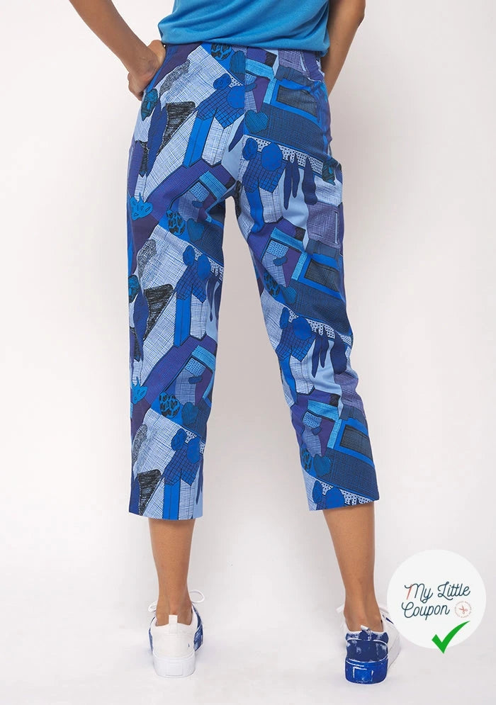 GABARDINE FINE DE COTON STRETCH IMPRIMÉ ABSTRAIT GÉOMÉTRIQUE BLEU - My Little Coupon
