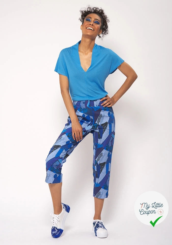 GABARDINE FINE DE COTON STRETCH IMPRIMÉ ABSTRAIT GÉOMÉTRIQUE BLEU - My Little Coupon