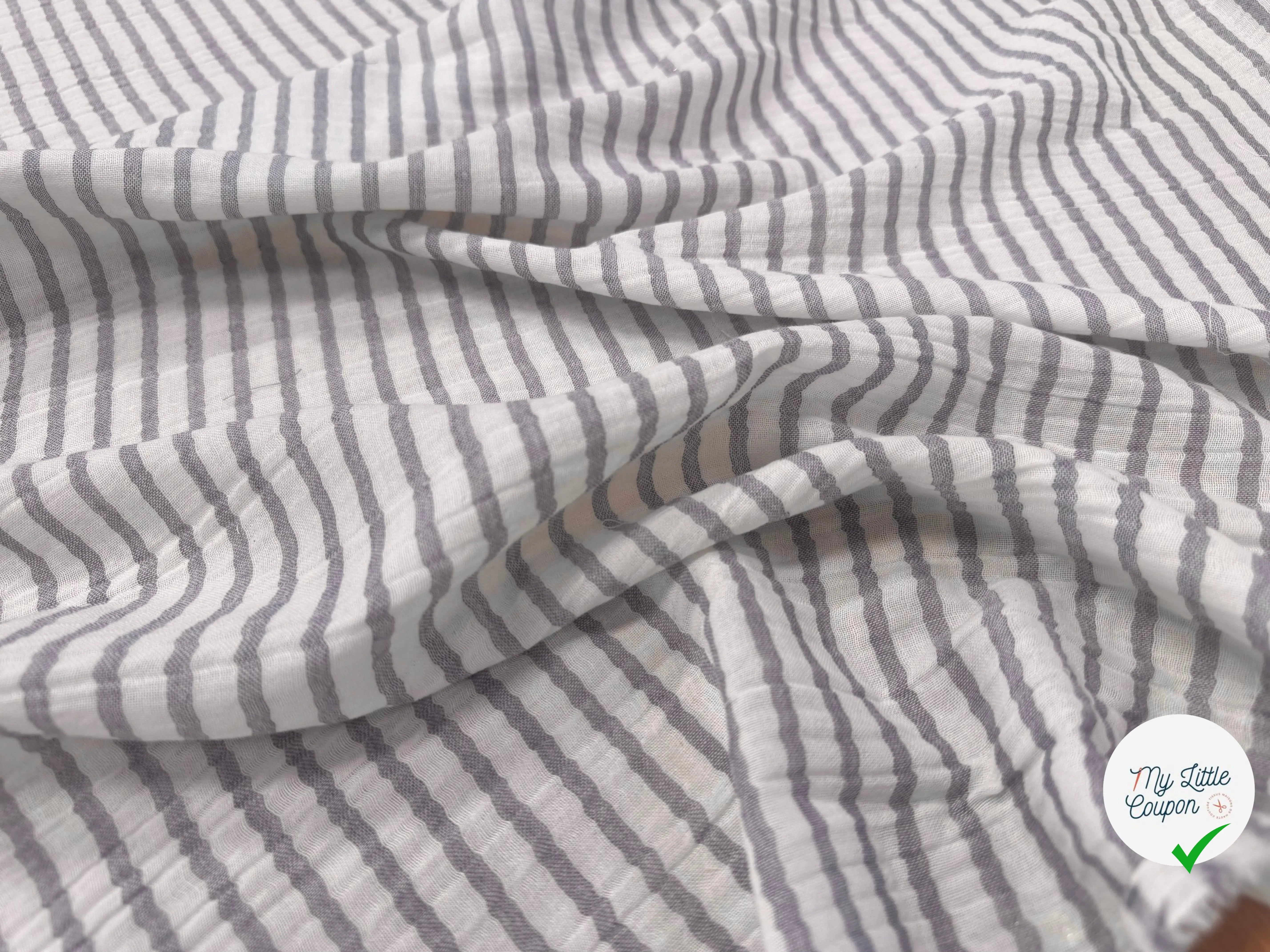 GAZE DE COTON JAPAN RAYURES GRIS BLEU FOND BLANC - My Little Coupon