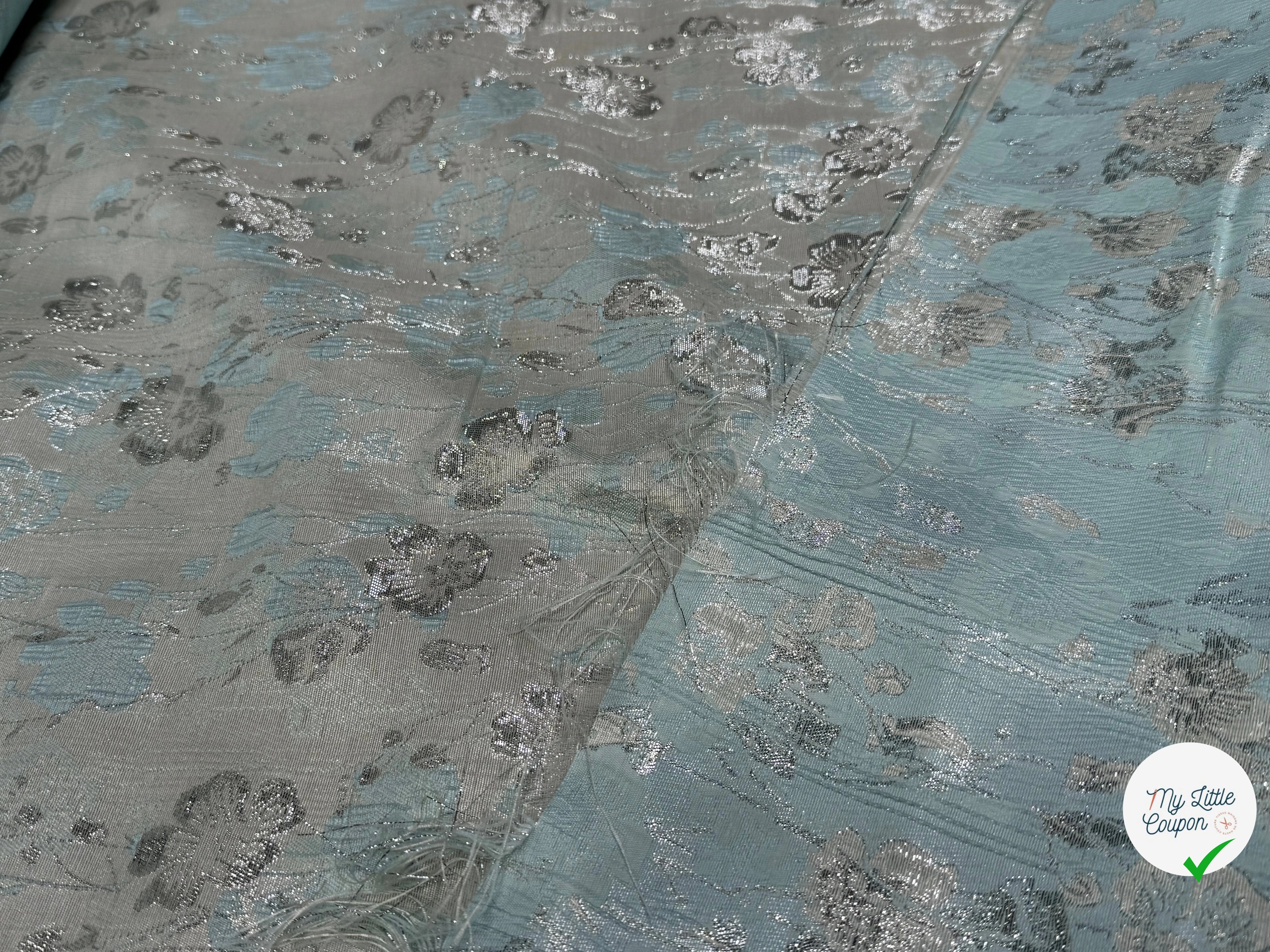 JACQUARD BROCA ARGENTÉ MOTIFS FLORAUX ACQUA - My Little Coupon
