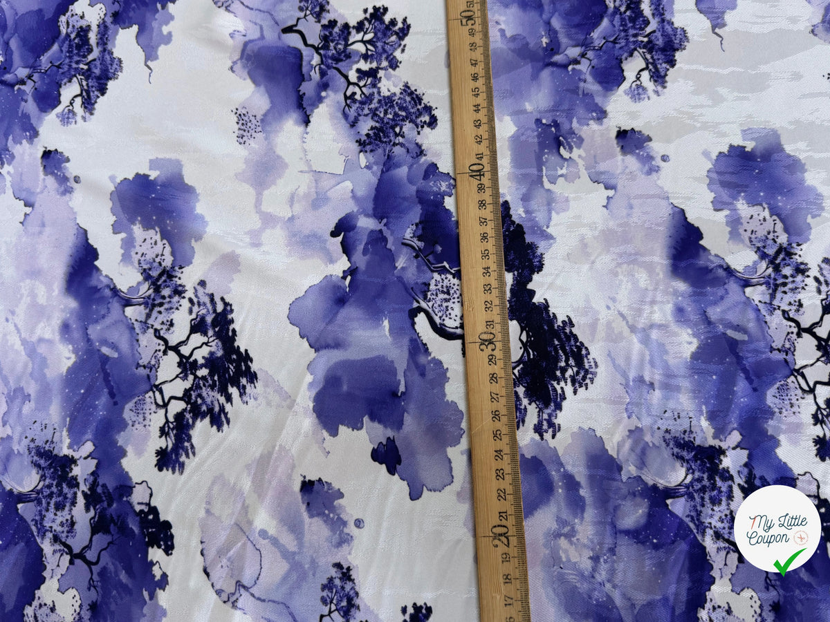 JACQUARD FLUIDE SERGÉ MOTIF ARBRES BLEU FOND ÉCRU - My Little Coupon