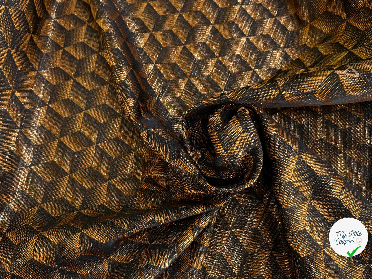 JACQUARD POLYVISCOSE MÉTALLISÉ OR BRILLANT MOTIFS GÉOMÉTRIQUES FOND CARAMEL - My Little Coupon