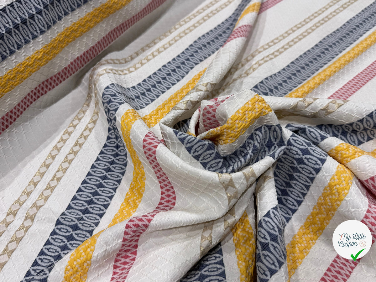 JACQUARD SERGÉ LÉGÈREMENT STRETCH MOTIF GÉOMÉTRIQUE GROSSES RAYURES MULTICOLORE - My Little Coupon