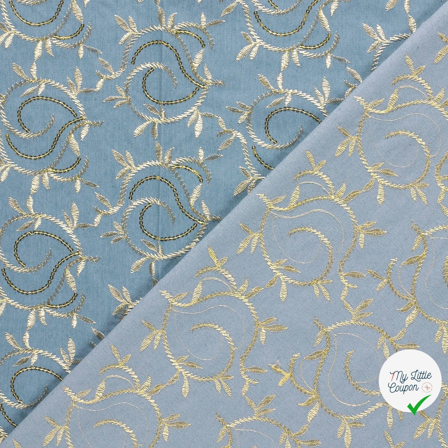 JEAN BRODÉ FEUILLES BLEU CLAIR 70% COTON - My Little Coupon